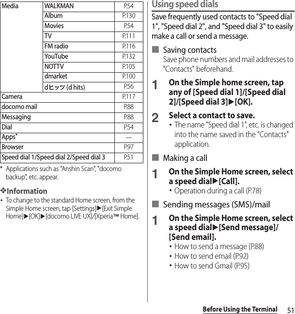 51Before Using the Terminal* Applications such as &quot;Anshin Scan&quot;, &quot;docomo backup&quot;, etc. appear.❖Information･To change to the standard Home screen, from the Simple Home screen, tap [Settings]u[Exit Simple Home]u[OK]u[docomo LIVE UX]/[Xperia™ Home].Using speed dialsSave frequently used contacts to &quot;Speed dial 1&quot;, &quot;Speed dial 2&quot;, and &quot;Speed dial 3&quot; to easily make a call or send a message.■ Saving contactsSave phone numbers and mail addresses to &quot;Contacts&quot; beforehand.1On the Simple home screen, tap any of [Speed dial 1]/[Speed dial 2]/[Speed dial 3]u[OK].2Select a contact to save.･The name &quot;Speed dial 1&quot;, etc. is changed into the name saved in the &quot;Contacts&quot; application.■ Making a call1On the Simple Home screen, select a speed dialu[Call].･Operation during a call (P.78)■ Sending messages (SMS)/mail1On the Simple Home screen, select a speed dialu[Send message]/[Send email].･How to send a message (P.88)･How to send email (P.92)･How to send Gmail (P.95)Media WALKMANP. 5 4AlbumP. 1 3 0MoviesP. 5 4TVP. 1 1 1FM radioP. 1 1 6YouTubeP. 1 3 2NOTTVP. 1 0 5dmarketP. 1 0 0dヒッツ (d hits)P. 5 6CameraP. 1 1 7docomo mailP. 8 8MessagingP. 8 8DialP. 5 4Apps*―BrowserP. 9 7Speed dial 1/Speed dial 2/Speed dial 3P. 5 1