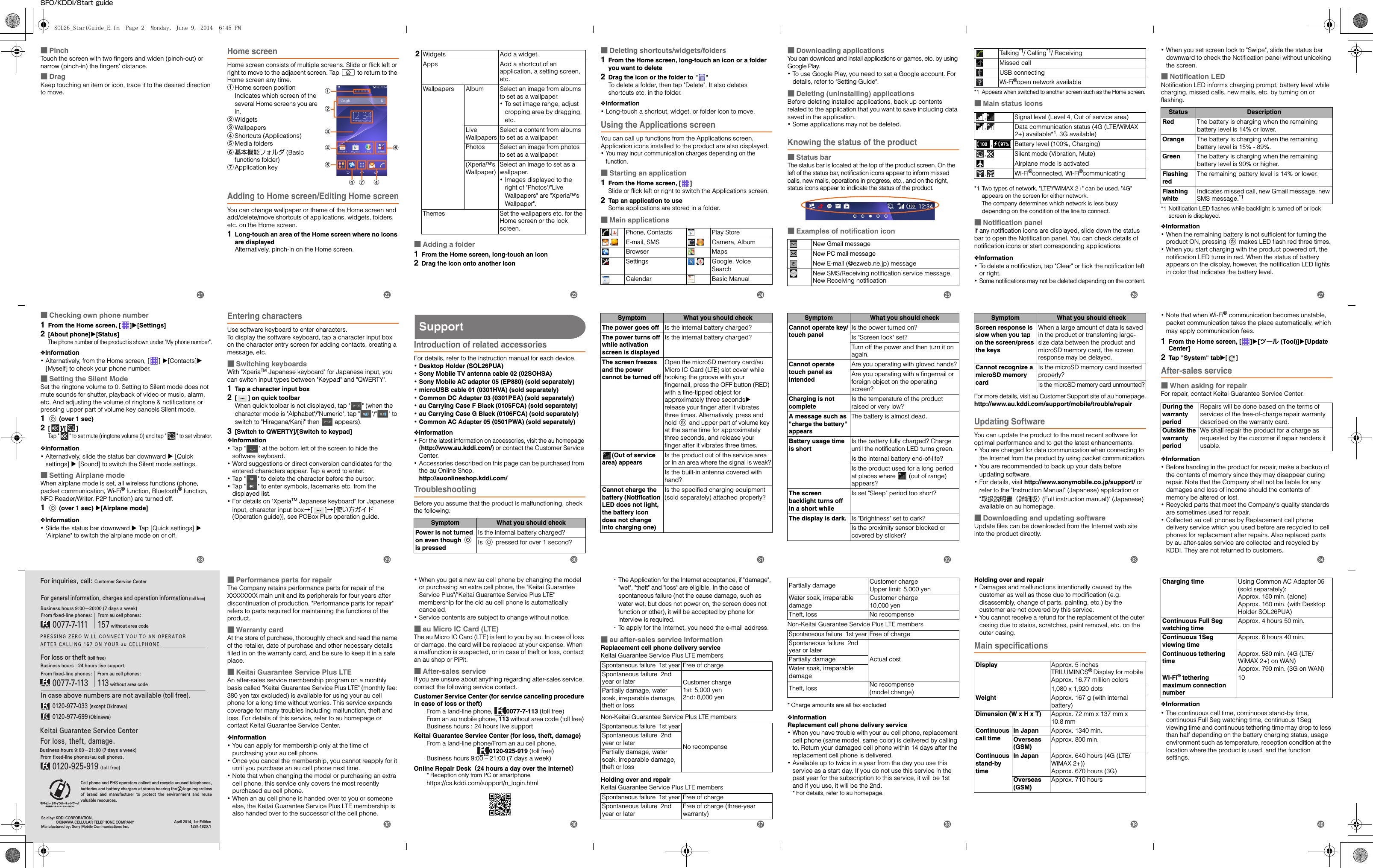 For inquiries, call: Customer Service CenterFor general information, charges and operation information (toll free)For loss or theft (toll free)Business hours : 24 hours live supportIn case above numbers are not available (toll free).       0120-977-033 (except Okinawa)       0120-977-699 (Okinawa)From au cell phones:113 without area codeFrom ﬁxed-line phones:       0077-7-113From ﬁxed-line phones:       0077-7-111From au cell phones:157 without area codeSold by: KDDI CORPORATION,                OKINAWA CELLULAR TELEPHONE COMPANYManufactured by: Sony Mobile Communications Inc.April 2014, 1st Edition1284-1620.1Cell phone and PHS operators collect and recycle unused telephones, batteries and battery chargers at stores bearing the      logo regardless of  brand  and  manufacturer  to  protect  the  environment  and  reuse valuable resources.Keitai Guarantee Service CenterFor loss, theft, damage.From ﬁxed-line phones/au cell phones,0120-925-919 (toll free)Business hours 9:00−21:00 (7 days a week)Business hours 9:00−20:00 (7 days a week)SFO/KDDI/Start guide■PinchTouch the screen with two fingers and widen (pinch-out) or narrow (pinch-in) the fingers&apos; distance.■DragKeep touching an item or icon, trace it to the desired direction to move.Home screenHome screen consists of multiple screens. Slide or flick left or right to move to the adjacent screen. Tap y to return to the Home screen any time.aHome screen positionIndicates which screen of the several Home screens you are in.bWidgetscWallpapersdShortcuts (Applications)eMedia foldersf基本機能フォルダ (Basic functions folder)gApplication keyAdding to Home screen/Editing Home screenYou can change wallpaper or theme of the Home screen and add/delete/move shortcuts of applications, widgets, folders, etc. on the Home screen.1Long-touch an area of the Home screen where no icons are displayedAlternatively, pinch-in on the Home screen. ■Adding a folder1From the Home screen, long-touch an icon2Drag the icon onto another icon■Deleting shortcuts/widgets/folders1From the Home screen, long-touch an icon or a folder you want to delete2Drag the icon or the folder to &quot; &quot;To delete a folder, then tap &quot;Delete&quot;. It also deletes shortcuts etc. in the folder.❖Information･Long-touch a shortcut, widget, or folder icon to move.Using the Applications screenYou can call up functions from the Applications screen. Application icons installed to the product are also displayed.･You may incur communication charges depending on the function.■Starting an application1From the Home screen, [ ]Slide or flick left or right to switch the Applications screen.2Tap an application to useSome applications are stored in a folder.■Main applications■Downloading applicationsYou can download and install applications or games, etc. by using Google Play.･To use Google Play, you need to set a Google account. For details, refer to &quot;Setting Guide&quot;.■Deleting (uninstalling) applicationsBefore deleting installed applications, back up contents related to the application that you want to save including data saved in the application.･Some applications may not be deleted.Knowing the status of the product■Status barThe status bar is located at the top of the product screen. On the left of the status bar, notification icons appear to inform missed calls, new mails, operations in progress, etc., and on the right, status icons appear to indicate the status of the product.■Examples of notification icon*1 Appears when switched to another screen such as the Home screen.■Main status icons*1 Two types of network, &quot;LTE&quot;/&quot;WiMAX 2+&quot; can be used. &quot;4G&quot; appears on the screen for either network.The company determines which network is less busy depending on the condition of the line to connect.■Notification panelIf any notification icons are displayed, slide down the status bar to open the Notification panel. You can check details of notification icons or start corresponding applications.❖Information･To delete a notification, tap &quot;Clear&quot; or flick the notification left or right.･Some notifications may not be deleted depending on the content.･When you set screen lock to &quot;Swipe&quot;, slide the status bar downward to check the Notification panel without unlocking the screen.■Notification LEDNotification LED informs charging prompt, battery level while charging, missed calls, new mails, etc. by turning on or flashing.*1 Notification LED flashes while backlight is turned off or lock screen is displayed.❖Information･When the remaining battery is not sufficient for turning the product ON, pressing P makes LED flash red three times.･When you start charging with the product powered off, the notification LED turns in red. When the status of battery appears on the display, however, the notification LED lights in color that indicates the battery level.abcdefgd d2 Widgets Add a widget.Apps Add a shortcut of an application, a setting screen, etc.Wallpapers Album Select an image from albums to set as a wallpaper.･To set image range, adjust cropping area by dragging, etc.Live WallpapersSelect a content from albums to set as a wallpaper.Photos Select an image from photos to set as a wallpaper.(XperiaTM&apos;s Wallpaper)Select an image to set as a wallpaper.･Images displayed to the right of &quot;Photos&quot;/&quot;Live Wallpapers&quot; are &quot;XperiaTM&apos;s Wallpaper&quot;.Themes Set the wallpapers etc. for the Home screen or the lock screen. , Phone, Contacts Play Store, E-mail, SMS , Camera, AlbumBrowser MapsSettings , Google, Voice SearchCalendar Basic ManualNew Gmail messageNew PC mail messageNew E-mail (@ezweb.ne.jp) messageNew SMS/Receiving notification service message, New Receiving notificationTalking*1/ Calling*1/ ReceivingMissed callUSB connectingWi-Fi®open network available, Signal level (Level 4, Out of service area), Data communication status (4G (LTE/WiMAX 2+) available*1, 3G available), Battery level (100%, Charging), Silent mode (Vibration, Mute)Airplane mode is activated,Wi-Fi®connected, Wi-Fi®communicatingStatus DescriptionRed The battery is charging when the remaining battery level is 14% or lower.Orange The battery is charging when the remaining battery level is 15% - 89%.Green The battery is charging when the remaining battery level is 90% or higher.Flashing redThe remaining battery level is 14% or lower.Flashing whiteIndicates missed call, new Gmail message, new SMS message.*1■Checking own phone number1From the Home screen, [ ]X[Settings]2[About phone]X[Status]The phone number of the product is shown under &quot;My phone number&quot;.❖Information･Alternatively, from the Home screen, [ ] X[Contacts]X [Myself] to check your phone number.■Setting the Silent ModeSet the ringtone volume to 0. Setting to Silent mode does not mute sounds for shutter, playback of video or music, alarm, etc. And adjusting the volume of ringtone &amp; notifications or pressing upper part of volume key cancels Silent mode.1P (over 1 sec)2[]/[]Tap &quot; &quot; to set mute (ringtone volume 0) and tap &quot; &quot; to set vibrator.❖Information･Alternatively, slide the status bar downward u [Quick settings] u [Sound] to switch the Silent mode settings.■Setting Airplane modeWhen airplane mode is set, all wireless functions (phone, packet communication, Wi-Fi® function, Bluetooth® function, NFC Reader/Writer, P2P function) are turned off.1P (over 1 sec) u[Airplane mode]❖Information･Slide the status bar downward X Tap [Quick settings] X &quot;Airplane&quot; to switch the airplane mode on or off.Entering charactersUse software keyboard to enter characters.To display the software keyboard, tap a character input box on the character entry screen for adding contacts, creating a message, etc.■Switching keyboardsWith &quot;XperiaTM Japanese keyboard&quot; for Japanese input, you can switch input types between &quot;Keypad&quot; and &quot;QWERTY&quot;.1Tap a character input box2[ ] on quick toolbarWhen quick toolbar is not displayed, tap &quot; &quot; (when the character mode is &quot;Alphabet&quot;/&quot;Numeric&quot;, tap &quot; &quot;/&quot; &quot; to switch to &quot;Hiragana/Kanji&quot; then   appears).3[Switch to QWERTY]/[Switch to keypad]❖Information･Tap &quot; &quot; at the bottom left of the screen to hide the software keyboard. ･Word suggestions or direct conversion candidates for the entered characters appear. Tap a word to enter.･Tap &quot; &quot; to delete the character before the cursor.･Tap &quot; &quot; to enter symbols, facemarks etc. from the displayed list.･For details on &quot;XperiaTM Japanese keyboard&quot; for Japanese input, character input box→[]→[使い方ガイド (Operation guide)], see POBox Plus operation guide.SupportIntroduction of related accessoriesFor details, refer to the instruction manual for each device.･Desktop Holder (SOL26PUA)･Sony Mobile TV antenna cable 02 (02SOHSA)･Sony Mobile AC adapter 05 (EP880) (sold separately)･microUSB cable 01 (0301HVA) (sold separately)･Common DC Adapter 03 (0301PEA) (sold separately)･au Carrying Case F Black (0105FCA) (sold separately)･au Carrying Case G Black (0106FCA) (sold separately)･Common AC Adapter 05 (0501PWA) (sold separately)❖Information･For the latest information on accessories, visit the au homepage (http://www.au.kddi.com/) or contact the Customer Service Center.･Accessories described on this page can be purchased from the au Online Shop.http://auonlineshop.kddi.com/TroubleshootingBefore you assume that the product is malfunctioning, check the following:For more details, visit au Customer Support site of au homepage.http://www.au.kddi.com/support/mobile/trouble/repairUpdating SoftwareYou can update the product to the most recent software for optimal performance and to get the latest enhancements.･You are charged for data communication when connecting to the Internet from the product by using packet communication.･You are recommended to back up your data before updating software.･For details, visit http://www.sonymobile.co.jp/support/ or refer to the &quot;Instruction Manual&quot; (Japanese) application or &quot;取扱説明書（詳細版） (Full instruction manual)&quot; (Japanese) available on au homepage.■Downloading and updating softwareUpdate files can be downloaded from the Internet web site into the product directly.･Note that when Wi-Fi® communication becomes unstable, packet communication takes the place automatically, which may apply communication fees.1From the Home screen, [ ]X[ツール (Tool)]X[Update Center]2Tap &quot;System&quot; tabX[]After-sales service■When asking for repairFor repair, contact Keitai Guarantee Service Center.❖Information･Before handing in the product for repair, make a backup of the contents of memory since they may disappear during repair. Note that the Company shall not be liable for any damages and loss of income should the contents of memory be altered or lost.･Recycled parts that meet the Company&apos;s quality standards are sometimes used for repair.･Collected au cell phones by Replacement cell phone delivery service which you used before are recycled to cell phones for replacement after repairs. Also replaced parts by au after-sales service are collected and recycled by KDDI. They are not returned to customers.Symptom What you should checkPower is not turned on even though P is pressedIs the internal battery charged?Is P pressed for over 1 second?The power goes off Is the internal battery charged?The power turns off while activation screen is displayedIs the internal battery charged?The screen freezes and the power cannot be turned offOpen the microSD memory card/au Micro IC Card (LTE) slot cover while hooking the groove with your fingernail, press the OFF button (RED) with a fine-tipped object for approximately three secondsu release your finger after it vibrates three times. Alternatively, press and hold P and upper part of volume key at the same time for approximately three seconds, and release your finger after it vibrates three times.(Out of service area) appearsIs the product out of the service area or in an area where the signal is weak?Is the built-in antenna covered with hand?Cannot charge the battery (Notification LED does not light, the battery icon does not change into charging one)Is the specified charging equipment (sold separately) attached properly?Symptom What you should checkCannot operate key/touch panelIs the power turned on?Is &quot;Screen lock&quot; set?Turn off the power and then turn it on again.Cannot operate touch panel as intendedAre you operating with gloved hands?Are you operating with a fingernail or foreign object on the operating screen?Charging is not completeIs the temperature of the product raised or very low?A message such as &quot;charge the battery&quot; appearsThe battery is almost dead.Battery usage time is shortIs the battery fully charged? Charge until the notification LED turns green.Is the internal battery end-of-life?Is the product used for a long period at places where   (out of range) appears?The screen backlight turns off in a short whileIs set &quot;Sleep&quot; period too short?The display is dark. Is &quot;Brightness&quot; set to dark?Is the proximity sensor blocked or covered by sticker?Symptom What you should checkScreen response is slow when you tap on the screen/press the keysWhen a large amount of data is saved in the product or transferring large-size data between the product and microSD memory card, the screen response may be delayed.Cannot recognize a microSD memory cardIs the microSD memory card inserted properly?Is the microSD memory card unmounted?Symptom What you should checkDuring the warranty periodRepairs will be done based on the terms of services of the free-of-charge repair warranty described on the warranty card.Outside the warranty periodWe shall repair the product for a charge as requested by the customer if repair renders it usable.■Performance parts for repairThe Company retains performance parts for repair of the XXXXXXXX main unit and its peripherals for four years after discontinuation of production. &quot;Performance parts for repair&quot; refers to parts required for maintaining the functions of the product.■Warranty cardAt the store of purchase, thoroughly check and read the name of the retailer, date of purchase and other necessary details filled in on the warranty card, and be sure to keep it in a safe place.■Keitai Guarantee Service Plus LTEAn after-sales service membership program on a monthly basis called &quot;Keitai Guarantee Service Plus LTE&quot; (monthly fee: 380 yen tax excluded) is available for using your au cell phone for a long time without worries. This service expands coverage for many troubles including malfunction, theft and loss. For details of this service, refer to au homepage or contact Keitai Guarantee Service Center.❖Information･You can apply for membership only at the time of purchasing your au cell phone.･Once you cancel the membership, you cannot reapply for it until you purchase an au cell phone next time.･Note that when changing the model or purchasing an extra cell phone, this service only covers the most recently purchased au cell phone.･When an au cell phone is handed over to you or someone else, the Keitai Guarantee Service Plus LTE membership is also handed over to the successor of the cell phone.･When you get a new au cell phone by changing the model or purchasing an extra cell phone, the &quot;Keitai Guarantee Service Plus&quot;/&quot;Keitai Guarantee Service Plus LTE&quot; membership for the old au cell phone is automatically canceled.･Service contents are subject to change without notice.■au Micro IC Card (LTE)The au Micro IC Card (LTE) is lent to you by au. In case of loss or damage, the card will be replaced at your expense. When a malfunction is suspected, or in case of theft or loss, contact an au shop or PiPit.■After-sales serviceIf you are unsure about anything regarding after-sales service, contact the following service contact.Customer Service Center (for service canceling procedure in case of loss or theft)From a land-line phone,  0077-7-113 (toll free)From an au mobile phone, 113 without area code (toll free)Business hours : 24 hours live supportKeitai Guarantee Service Center (for loss, theft, damage) From a land-line phone/From an au cell phone,0120-925-919 (toll free)Business hours 9:00 – 21:00 (7 days a week)Online Repair Desk（24 hours a day over the Internet）* Reception only from PC or smartphonehttps://cs.kddi.com/support/n_login.html･The Application for the Internet acceptance, if &quot;damage&quot;, &quot;wet&quot;, &quot;theft&quot; and &quot;loss&quot; are eligible. In the case of spontaneous failure (not the cause damage, such as water wet, but does not power on, the screen does not function or other), it will be accepted by phone for interview is required.･To apply for the Internet, you need the e-mail address. ■au after-sales service informationReplacement cell phone delivery serviceKeitai Guarantee Service Plus LTE membersNon-Keitai Guarantee Service Plus LTE membersHolding over and repairKeitai Guarantee Service Plus LTE membersNon-Keitai Guarantee Service Plus LTE members* Charge amounts are all tax excluded❖InformationReplacement cell phone delivery service･When you have trouble with your au cell phone, replacement cell phone (same model, same color) is delivered by calling to. Return your damaged cell phone within 14 days after the replacement cell phone is delivered.･Available up to twice in a year from the day you use this service as a start day. If you do not use this service in the past year for the subscription to this service, it will be 1st and if you use, it will be the 2nd.* For details, refer to au homepage.Holding over and repair ･Damages and malfunctions intentionally caused by the customer as well as those due to modification (e.g. disassembly, change of parts, painting, etc.) by the customer are not covered by this service.･You cannot receive a refund for the replacement of the outer casing due to stains, scratches, paint removal, etc. on the outer casing.Main specifications❖Information･The continuous call time, continuous stand-by time, continuous Full Seg watching time, continuous 1Seg viewing time and continuous tethering time may drop to less than half depending on the battery charging status, usage environment such as temperature, reception condition at the location where the product is used, and the function settings.Spontaneous failure  1st yearFree of chargeSpontaneous failure  2nd year or later Customer charge1st: 5,000 yen2nd: 8,000 yenPartially damage, water soak, irreparable damage, theft or lossSpontaneous failure  1st yearNo recompenseSpontaneous failure  2nd year or laterPartially damage, water soak, irreparable damage, theft or lossSpontaneous failure  1st yearFree of chargeSpontaneous failure  2nd year or laterFree of charge (three-year warranty)Partially damage Customer chargeUpper limit: 5,000 yenWater soak, irreparable damageCustomer charge10,000 yenTheft, loss No recompenseSpontaneous failure  1st yearFree of chargeSpontaneous failure  2nd year or laterActual costPartially damageWater soak, irreparable damageTheft, loss No recompense(model change)Display Approx. 5 inches TRILUMINOS® Display for mobile Approx. 16.77 million colors1,080 x 1,920 dotsWeight Approx. 167 g (with internal battery)Dimension (W x H x T) Approx. 72 mm x 137 mm x 10.8 mmContinuous call timeIn Japan Approx. 1340 min.Overseas (GSM)Approx. 800 min.Continuous stand-by timeIn Japan Approx. 640 hours (4G (LTE/WiMAX 2+))Approx. 670 hours (3G)Overseas (GSM)Approx. 710 hoursCharging time Using Common AC Adapter 05 (sold separately): Approx. 150 min. (alone)Approx. 160 min. (with Desktop Holder SOL26PUA)Continuous Full Seg watching timeApprox. 4 hours 50 min.Continuous 1Seg viewing timeApprox. 6 hours 40 min.Continuous tethering timeApprox. 580 min. (4G (LTE/WiMAX 2+) on WAN)Approx. 790 min. (3G on WAN)Wi-Fi® tethering maximum connection number10wxyzADEFGHBCJKLMNuvISOL26_StartGuide_E.fm  Page 2  Monday, June 9, 2014  6:45 PM