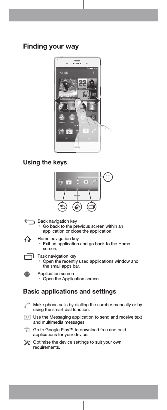 Finding your wayUsing the keysBack navigation key•Go back to the previous screen within anapplication or close the application.Home navigation key•Exit an application and go back to the Homescreen.Task navigation key•Open the recently used applications window andthe small apps bar.Application screen•Open the Application screen.Basic applications and settingsMake phone calls by dialling the number manually or byusing the smart dial function.Use the Messaging application to send and receive textand multimedia messages.Go to Google Play™ to download free and paidapplications for your device.Optimise the device settings to suit your ownrequirements.