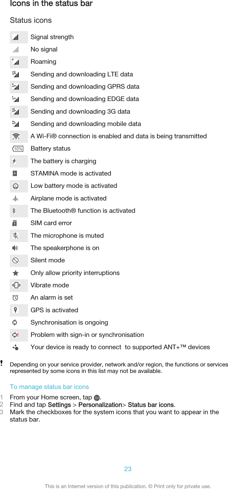 Icons in the status barStatus iconsSignal strengthNo signalRoamingSending and downloading LTE dataSending and downloading GPRS dataSending and downloading EDGE dataSending and downloading 3G dataSending and downloading mobile dataA Wi-Fi® connection is enabled and data is being transmittedBattery statusThe battery is chargingSTAMINA mode is activatedLow battery mode is activatedAirplane mode is activatedThe Bluetooth® function is activatedSIM card errorThe microphone is mutedThe speakerphone is onSilent modeOnly allow priority interruptionsVibrate modeAn alarm is setGPS is activatedSynchronisation is ongoingProblem with sign-in or synchronisationYour device is ready to connect  to supported ANT+™ devicesDepending on your service provider, network and/or region, the functions or servicesrepresented by some icons in this list may not be available.To manage status bar icons1From your Home screen, tap  .2Find and tap Settings &gt; Personalization&gt; Status bar icons.3Mark the checkboxes for the system icons that you want to appear in thestatus bar.23This is an Internet version of this publication. © Print only for private use.