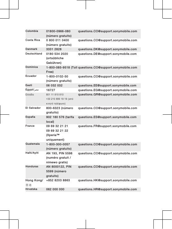 Col ombi a 01800-09 66-0 80(número gratuito)questions.CO@support.sonymobile.comCosta Rica 0 800 011 0400(número gratuito)questions.CO@support.sonymobile.comDanmark 3331 2828 questions.DK@support.sonymobile.comDeutschland 0180 534 2020(ortsüblicheGebühren)questions.DE@support.sonymobile.comDominica 1-800-085-9518 (TollFree)questions.CO@support.sonymobile.comEcuador 1-800-0102-50(número gratuito)questions.CO@support.sonymobile.comEesti 06 032 032 questions.EE@support.sonymobile.comEgypt/󰂏󰂝󰃄 16727 questions.EG@support.sonymobile.comΕ δα κ01  11  κ10  κ10+30  210  κλλ  1λ  1λ (απόν ητό  τη φωνο )questions.GR@support.sonymobile.comEl Salvador 800-6323 (númerogratuito)questions.CO@support.sonymobile.comEspaña 902 180 576 (tarifalocal)questions.ES@support.sonymobile.comFrance 09 69 32 21 2109 69 32 21 22(Xperia™uniquement)questions.FR@support.sonymobile.comGuatemala 1-800-300-0057(número gratuito)questions.CO@support.sonymobile.comHaïti/Ayiti AN 193, PIN 5598(numéro gratuit /nimewo gratis)questions.CO@support.sonymobile.comHonduras AN 8000122, PIN5599 (númerogratuito)questions.CO@support.sonymobile.comHong Kong/香港+852 8203 8863 questions.HK@support.sonymobile.comHrvatska 062 000 000 questions.HR@support.sonymobile.com