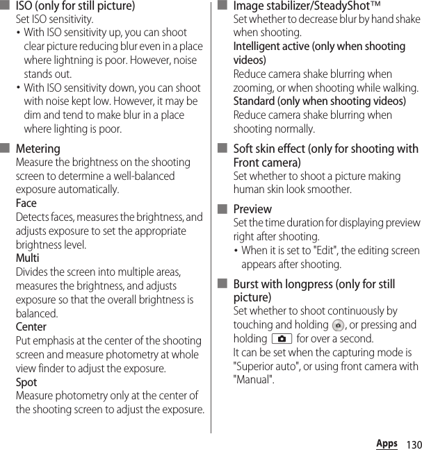 130Apps■ ISO (only for still picture)Set ISO sensitivity.･With ISO sensitivity up, you can shoot clear picture reducing blur even in a place where lightning is poor. However, noise stands out.･With ISO sensitivity down, you can shoot with noise kept low. However, it may be dim and tend to make blur in a place where lighting is poor.■ MeteringMeasure the brightness on the shooting screen to determine a well-balanced exposure automatically.FaceDetects faces, measures the brightness, and adjusts exposure to set the appropriate brightness level.MultiDivides the screen into multiple areas, measures the brightness, and adjusts exposure so that the overall brightness is balanced.CenterPut emphasis at the center of the shooting screen and measure photometry at whole view finder to adjust the exposure.SpotMeasure photometry only at the center of the shooting screen to adjust the exposure.■ Image stabilizer/SteadyShot™Set whether to decrease blur by hand shake when shooting.Intelligent active (only when shooting videos)Reduce camera shake blurring when zooming, or when shooting while walking.Standard (only when shooting videos)Reduce camera shake blurring when shooting normally.■ Soft skin effect (only for shooting with Front camera)Set whether to shoot a picture making human skin look smoother.■ PreviewSet the time duration for displaying preview right after shooting.･When it is set to &quot;Edit&quot;, the editing screen appears after shooting.■ Burst with longpress (only for still picture)Set whether to shoot continuously by touching and holding  , or pressing and holding k for over a second.It can be set when the capturing mode is &quot;Superior auto&quot;, or using front camera with &quot;Manual&quot;.