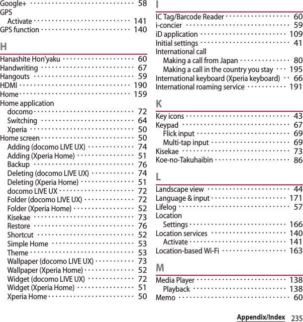 235Appendix/IndexGoogle+･････････････････････････････ 58GPSActivate･･･････････････････････････ 141GPS function･････････････････････････ 140HHanashite Hon&apos;yaku････････････････････ 60Handwriting･･････････････････････････ 67Hangouts････････････････････････････ 59HDMI･･･････････････････････････････ 190Home･･･････････････････････････････ 159Home applicationdocomo････････････････････････････ 72Switching･･････････････････････････ 64Xperia･････････････････････････････ 50Home screen･･････････････････････････ 50Adding (docomo LIVE UX)･････････････ 74Adding (Xperia Home)････････････････ 51Backup････････････････････････････ 76Deleting (docomo LIVE UX)････････････ 74Deleting (Xperia Home)･･･････････････ 51docomo LIVE UX･････････････････････ 72Folder (docomo LIVE UX)･･････････････ 72Folder (Xperia Home)･････････････････ 52Kisekae････････････････････････････ 73Restore････････････････････････････ 76Shortcut･･･････････････････････････ 52Simple Home･･･････････････････････ 53Theme･････････････････････････････ 53Wallpaper (docomo LIVE UX)･･･････････ 73Wallpaper (Xperia Home)･･････････････ 52Widget (docomo LIVE UX)･････････････ 72Widget (Xperia Home)････････････････ 51Xperia Home････････････････････････ 50IIC Tag/Barcode Reader･･････････････････ 60i-concier･････････････････････････････ 59iD application････････････････････････ 109Initial settings･････････････････････････ 41International callMaking a call from Japan･･････････････ 80Making a call in the country you stay･･･ 195International keyboard (Xperia keyboard)･･ 66International roaming service･･･････････ 191KKey icons･････････････････････････････ 43Keypad･･････････････････････････････ 67Flick input･･････････････････････････ 69Multi-tap input･･････････････････････ 69Kisekae･･････････････････････････････ 73Koe-no-Takuhaibin･････････････････････ 86LLandscape view･･･････････････････････ 44Language &amp; input･････････････････････ 171Lifelog･･･････････････････････････････ 57LocationSettings･･･････････････････････････ 166Location services･････････････････････ 140Activate･･･････････････････････････ 141Location-based Wi-Fi･･････････････････ 163MMedia Player･････････････････････････ 138Playback･･････････････････････････ 138Memo･･･････････････････････････････ 60