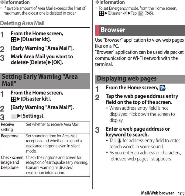 102Mail/Web browser❖Information･If savable amount of Area Mail exceeds the limit of maximum, the oldest one is deleted in order.Deleting Area Mail1From the Home screen, u[Disaster kit].2[Early Warning &quot;Area Mail&quot;].3Mark Area Mail you want to deleteu[Delete]u[OK].1From the Home screen, u[Disaster kit].2[Early Warning &quot;Area Mail&quot;].3u[Settings].❖Information･To set Emergency mode, from the Home screen, u[Disaster kit]uTap  (P.45).Use &quot;Browser&quot; application to view web pages like on a PC.&quot;Browser&quot; application can be used via packet communication or Wi-Fi network with the terminal.1From the Home screen,  .2Tap the web page address entry field on the top of the screen.･When address entry field is not displayed, flick down the screen to display.3Enter a web page address or keyword to search.･Tap   for address entry field to enter search words in voice sound.･As you enter an address or characters, retrieved web pages list appears.Setting Early Warning &quot;Area Mail&quot;Receive settingSet whether to receive Area Mail.Beep toneSet sounding time for Area Mail reception and whether to sound a dedicated ringtone even in silent mode.Check screen image and beep toneCheck the ringtone and screen for reception of earthquake early warning, tsunami warning or disaster/evacuation information.BrowserDisplaying web pages