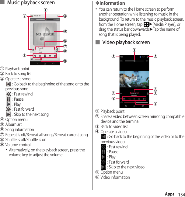 134Apps■ Music playback screenaPlayback pointbBack to song listcOperate a song : Go back to the beginning of the song or to the previous song : Fast rewind : Pause : Play : Fast forward : Skip to the next songdOption menueAlbum artfSong informationgRepeat is off/Repeat all songs/Repeat current songhShuffle is off/Shuffle is oniVolume control･Alternatively, on the playback screen, press the volume key to adjust the volume.❖Information･You can return to the Home screen to perform another operation while listening to music in the background. To return to the music playback screen, from the Home screen, tap u[Media Player], or drag the status bar downwardsuTap the name of song that is being played.■ Video playback screenaPlayback pointbShare a video between screen mirroring compatible device and the terminalcBack to video listdOperate a video : Go back to the beginning of the video or to the previous video : Fast rewind : Pause : Play : Fast forward : Skip to the next videoeOption menufVideo informationbagefdichadbgcefh