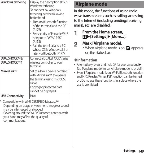 149Settings* Compatible with Wi-Fi CERTIFIED Miracast™Depending on usage environment, image or sound may be interrupted or stopped.Covering around the Wi-Fi/Bluetooth antenna with your hand may affect the quality of communications.In this mode, the functions of using radio wave transmissions such as calling, accessing to the Internet (including sending/receiving mails), etc. are disabled.1From the Home screen, u[Settings]u[More...].2Mark [Airplane mode].･When Airplane mode is on,   appears on the status bar.❖Information･Alternatively, press and holdPfor over a seconduTap [Airplane mode] to set Airplane mode to on/off.･Even if Airplane mode is on, Wi-Fi, Bluetooth function and NFC Reader/Writer, P2P function can be turned on. Do no use these functions in a place where the use is prohibited.Windows tetheringDisplay the description about Windows tethering.To connect by Windows tethering, set the following beforehand.･Turn on Bluetooth function of the terminal and the PC (P.176).･Set security of Portable Wi-Fi hotspot to &quot;WPA2 PSK&quot; (P.152).･Pair the terminal and a PC whose OS is Windows 8.1 or later via Bluetooth (P.177).DUALSHOCK™3/DUALSHOCK™4Connect a DUALSHOCK® series wireless controller to your terminal.MirrorLink™Set to allow a device certified with MirrorLink™ to operate the terminal using microUSB cable.Copyright protected data cannot be displayed.USB ConnectivityP. 1 8 1Airplane mode
