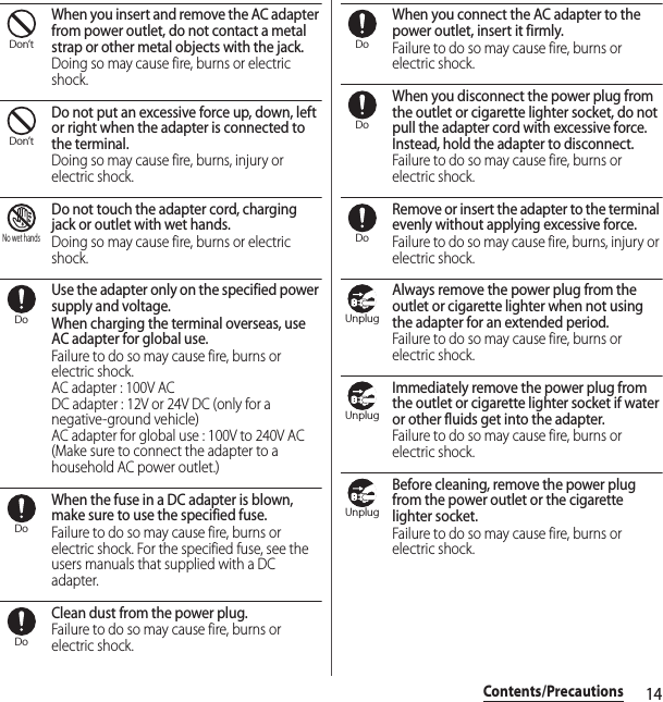 14Contents/PrecautionsWhen you insert and remove the AC adapter from power outlet, do not contact a metal strap or other metal objects with the jack.Doing so may cause fire, burns or electric shock.Do not put an excessive force up, down, left or right when the adapter is connected to the terminal.Doing so may cause fire, burns, injury or electric shock.Do not touch the adapter cord, charging jack or outlet with wet hands.Doing so may cause fire, burns or electric shock.Use the adapter only on the specified power supply and voltage.When charging the terminal overseas, use AC adapter for global use.Failure to do so may cause fire, burns or electric shock.AC adapter : 100V ACDC adapter : 12V or 24V DC (only for a negative-ground vehicle)AC adapter for global use : 100V to 240V AC (Make sure to connect the adapter to a household AC power outlet.)When the fuse in a DC adapter is blown, make sure to use the specified fuse.Failure to do so may cause fire, burns or electric shock. For the specified fuse, see the users manuals that supplied with a DC adapter.Clean dust from the power plug.Failure to do so may cause fire, burns or electric shock.When you connect the AC adapter to the power outlet, insert it firmly.Failure to do so may cause fire, burns or electric shock.When you disconnect the power plug from the outlet or cigarette lighter socket, do not pull the adapter cord with excessive force. Instead, hold the adapter to disconnect.Failure to do so may cause fire, burns or electric shock.Remove or insert the adapter to the terminal evenly without applying excessive force.Failure to do so may cause fire, burns, injury or electric shock.Always remove the power plug from the outlet or cigarette lighter when not using the adapter for an extended period.Failure to do so may cause fire, burns or electric shock.Immediately remove the power plug from the outlet or cigarette lighter socket if water or other fluids get into the adapter.Failure to do so may cause fire, burns or electric shock.Before cleaning, remove the power plug from the power outlet or the cigarette lighter socket.Failure to do so may cause fire, burns or electric shock.Don’tDon’tNo wet handsDoDoDoDoDoDoUnplugUnplugUnplug