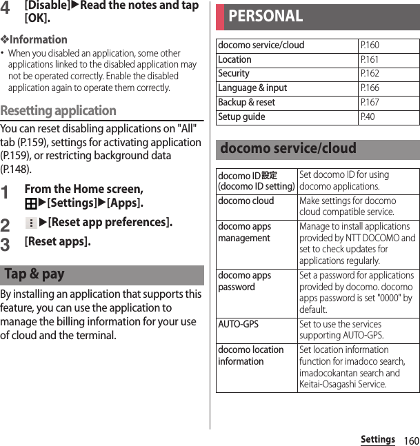 160Settings4[Disable]uRead the notes and tap [OK].❖Information･When you disabled an application, some other applications linked to the disabled application may not be operated correctly. Enable the disabled application again to operate them correctly.Resetting applicationYou can reset disabling applications on &quot;All&quot; tab (P.159), settings for activating application (P.159), or restricting background data (P.148).1From the Home screen, u[Settings]u[Apps].2u[Reset app preferences].3[Reset apps].By installing an application that supports this feature, you can use the application to manage the billing information for your use of cloud and the terminal.Tap &amp; payPERSONALdocomo service/cloudP. 1 6 0LocationP. 1 6 1SecurityP. 1 6 2Language &amp; inputP. 1 6 6Backup &amp; resetP. 1 6 7Setup guideP. 4 0docomo service/clouddocomo ID設定 (docomo ID setting)Set docomo ID for using docomo applications.docomo cloudMake settings for docomo cloud compatible service.docomo apps managementManage to install applications provided by NTT DOCOMO and set to check updates for applications regularly.docomo apps passwordSet a password for applications provided by docomo. docomo apps password is set &quot;0000&quot; by default.AUTO-GPSSet to use the services supporting AUTO-GPS.docomo location informationSet location information function for imadoco search, imadocokantan search and Keitai-Osagashi Service.