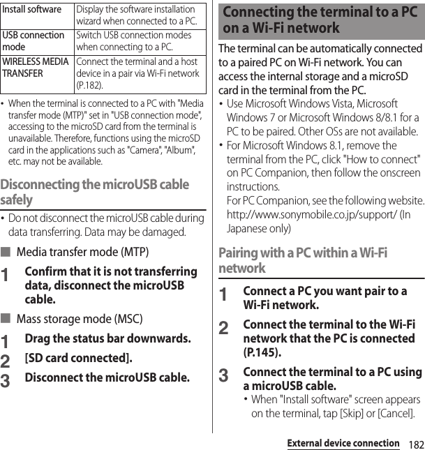 182External device connection･When the terminal is connected to a PC with &quot;Media transfer mode (MTP)&quot; set in &quot;USB connection mode&quot;, accessing to the microSD card from the terminal is unavailable. Therefore, functions using the microSD card in the applications such as &quot;Camera&quot;, &quot;Album&quot;, etc. may not be available.Disconnecting the microUSB cable safely･Do not disconnect the microUSB cable during data transferring. Data may be damaged.■ Media transfer mode (MTP)1Confirm that it is not transferring data, disconnect the microUSB cable.■ Mass storage mode (MSC)1Drag the status bar downwards.2[SD card connected].3Disconnect the microUSB cable.The terminal can be automatically connected to a paired PC on Wi-Fi network. You can access the internal storage and a microSD card in the terminal from the PC.･Use Microsoft Windows Vista, Microsoft Windows 7 or Microsoft Windows 8/8.1 for a PC to be paired. Other OSs are not available.･For Microsoft Windows 8.1, remove the terminal from the PC, click &quot;How to connect&quot; on PC Companion, then follow the onscreen instructions.For PC Companion, see the following website.http://www.sonymobile.co.jp/support/ (In Japanese only)Pairing with a PC within a Wi-Fi network1Connect a PC you want pair to a Wi-Fi network.2Connect the terminal to the Wi-Fi network that the PC is connected (P.145).3Connect the terminal to a PC using a microUSB cable.･When &quot;Install software&quot; screen appears on the terminal, tap [Skip] or [Cancel].Install softwareDisplay the software installation wizard when connected to a PC.USB connection modeSwitch USB connection modes when connecting to a PC.WIRELESS MEDIA TRANSFERConnect the terminal and a host device in a pair via Wi-Fi network (P.182).Connecting the terminal to a PC on a Wi-Fi network