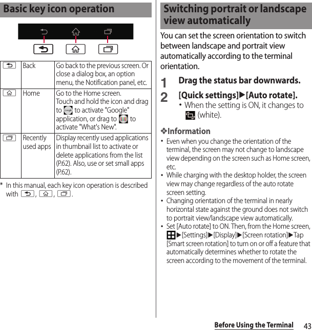 43Before Using the Terminal* In this manual, each key icon operation is described with x, y, r.You can set the screen orientation to switch between landscape and portrait view automatically according to the terminal orientation.1Drag the status bar downwards.2[Quick settings]u[Auto rotate].･When the setting is ON, it changes to  (white).❖Information･Even when you change the orientation of the terminal, the screen may not change to landscape view depending on the screen such as Home screen, etc.･While charging with the desktop holder, the screen view may change regardless of the auto rotate screen setting.･Changing orientation of the terminal in nearly horizontal state against the ground does not switch to portrait view/landscape view automatically.･Set [Auto rotate] to ON. Then, from the Home screen, u[Settings]u[Display]u[Screen rotation]uTap [Smart screen rotation] to turn on or off a feature that automatically determines whether to rotate the screen according to the movement of the terminal.Basic key icon operationxBack Go back to the previous screen. Or close a dialog box, an option menu, the Notification panel, etc.yHome Go to the Home screen.Touch and hold the icon and drag to   to activate &quot;Google&quot; application, or drag to   to activate &quot;What&apos;s New&quot;.rRecently used appsDisplay recently used applications in thumbnail list to activate or delete applications from the list (P.62). Also, use or set small apps (P.62).xx y rSwitching portrait or landscape view automatically