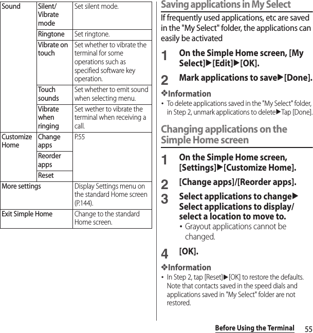 55Before Using the TerminalSaving applications in My SelectIf frequently used applications, etc are saved in the &quot;My Select&quot; folder, the applications can easily be activated1On the Simple Home screen, [My Select]u[Edit]u[OK].2Mark applications to saveu[Done].❖Information･To delete applications saved in the &quot;My Select&quot; folder, in Step 2, unmark applications to deleteuTap [Done].Changing applications on the Simple Home screen1On the Simple Home screen, [Settings]u[Customize Home].2[Change apps]/[Reorder apps].3Select applications to changeuSelect applications to display/select a location to move to.･Grayout applications cannot be changed.4[OK].❖Information･In Step 2, tap [Reset]u[OK] to restore the defaults. Note that contacts saved in the speed dials and applications saved in &quot;My Select&quot; folder are not restored.Sound Silent/Vibrate modeSet silent mode.RingtoneSet ringtone.Vibrate on touchSet whether to vibrate the terminal for some operations such as specified software key operation.Touch soundsSet whether to emit sound when selecting menu.Vibrate when ringingSet wether to vibrate the terminal when receiving a call.Customize HomeChange appsP. 5 5Reorder appsResetMore settingsDisplay Settings menu on the standard Home screen (P.144).Exit Simple HomeChange to the standard Home screen.