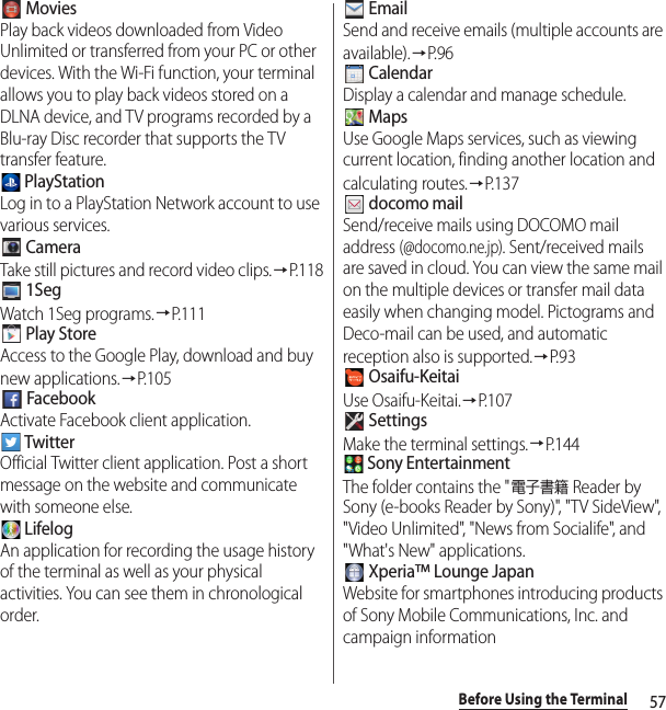 57Before Using the Terminal MoviesPlay back videos downloaded from Video Unlimited or transferred from your PC or other devices. With the Wi-Fi function, your terminal allows you to play back videos stored on a DLNA device, and TV programs recorded by a Blu-ray Disc recorder that supports the TV transfer feature. PlayStationLog in to a PlayStation Network account to use various services. CameraTake still pictures and record video clips.→P.118 1SegWatch 1Seg programs.→P. 1 1 1 Play StoreAccess to the Google Play, download and buy new applications.→P. 1 0 5 FacebookActivate Facebook client application. TwitterOfficial Twitter client application. Post a short message on the website and communicate with someone else. LifelogAn application for recording the usage history of the terminal as well as your physical activities. You can see them in chronological order. EmailSend and receive emails (multiple accounts are available).→P. 9 6 CalendarDisplay a calendar and manage schedule. MapsUse Google Maps services, such as viewing current location, finding another location and calculating routes.→P. 1 3 7 docomo mailSend/receive mails using DOCOMO mail address (@docomo.ne.jp). Sent/received mails are saved in cloud. You can view the same mail on the multiple devices or transfer mail data easily when changing model. Pictograms and Deco-mail can be used, and automatic reception also is supported.→P. 9 3 Osaifu-KeitaiUse Osaifu-Keitai.→P.107 SettingsMake the terminal settings.→P.144 Sony EntertainmentThe folder contains the &quot;電子書籍 Reader by Sony (e-books Reader by Sony)&quot;, &quot;TV SideView&quot;, &quot;Video Unlimited&quot;, &quot;News from Socialife&quot;, and &quot;What&apos;s New&quot; applications. Xperia™ Lounge JapanWebsite for smartphones introducing products of Sony Mobile Communications, Inc. and campaign information