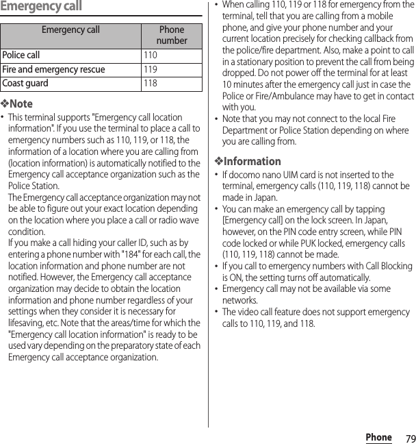 79PhoneEmergency call❖Note･This terminal supports &quot;Emergency call location information&quot;. If you use the terminal to place a call to emergency numbers such as 110, 119, or 118, the information of a location where you are calling from (location information) is automatically notified to the Emergency call acceptance organization such as the Police Station.The Emergency call acceptance organization may not be able to figure out your exact location depending on the location where you place a call or radio wave condition.If you make a call hiding your caller ID, such as by entering a phone number with &quot;184&quot; for each call, the location information and phone number are not notified. However, the Emergency call acceptance organization may decide to obtain the location information and phone number regardless of your settings when they consider it is necessary for lifesaving, etc. Note that the areas/time for which the &quot;Emergency call location information&quot; is ready to be used vary depending on the preparatory state of each Emergency call acceptance organization.･When calling 110, 119 or 118 for emergency from the terminal, tell that you are calling from a mobile phone, and give your phone number and your current location precisely for checking callback from the police/fire department. Also, make a point to call in a stationary position to prevent the call from being dropped. Do not power off the terminal for at least 10 minutes after the emergency call just in case the Police or Fire/Ambulance may have to get in contact with you.･Note that you may not connect to the local Fire Department or Police Station depending on where you are calling from.❖Information･If docomo nano UIM card is not inserted to the terminal, emergency calls (110, 119, 118) cannot be made in Japan.･You can make an emergency call by tapping [Emergency call] on the lock screen. In Japan, however, on the PIN code entry screen, while PIN code locked or while PUK locked, emergency calls (110, 119, 118) cannot be made.･If you call to emergency numbers with Call Blocking is ON, the setting turns off automatically.･Emergency call may not be available via some networks.･The video call feature does not support emergency calls to 110, 119, and 118.Emergency call Phone numberPolice call110Fire and emergency rescue119Coast guard118