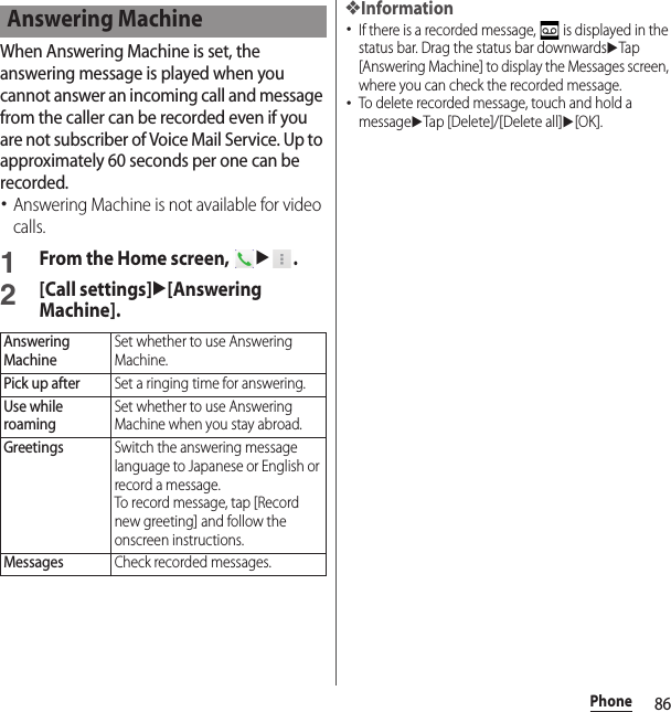 86PhoneWhen Answering Machine is set, the answering message is played when you cannot answer an incoming call and message from the caller can be recorded even if you are not subscriber of Voice Mail Service. Up to approximately 60 seconds per one can be recorded.･Answering Machine is not available for video calls.1From the Home screen, u.2[Call settings]u[Answering Machine].❖Information･If there is a recorded message,   is displayed in the status bar. Drag the status bar downwardsuTap [Answering Machine] to display the Messages screen, where you can check the recorded message.･To delete recorded message, touch and hold a messageuTap [Delete]/[Delete all]u[OK].Answering MachineAnswering MachineSet whether to use Answering Machine.Pick up afterSet a ringing time for answering.Use while roamingSet whether to use Answering Machine when you stay abroad.GreetingsSwitch the answering message language to Japanese or English or record a message.To record message, tap [Record new greeting] and follow the onscreen instructions.MessagesCheck recorded messages.