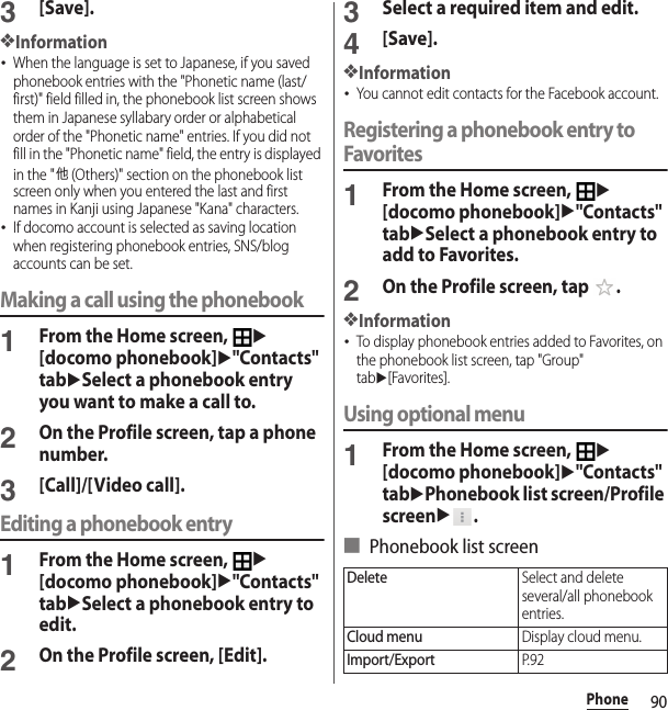 90Phone3[Save].❖Information･When the language is set to Japanese, if you saved phonebook entries with the &quot;Phonetic name (last/first)&quot; field filled in, the phonebook list screen shows them in Japanese syllabary order or alphabetical order of the &quot;Phonetic name&quot; entries. If you did not fill in the &quot;Phonetic name&quot; field, the entry is displayed in the &quot;他 (Others)&quot; section on the phonebook list screen only when you entered the last and first names in Kanji using Japanese &quot;Kana&quot; characters.･If docomo account is selected as saving location when registering phonebook entries, SNS/blog accounts can be set.Making a call using the phonebook1From the Home screen, u[docomo phonebook]u&quot;Contacts&quot; tabuSelect a phonebook entry you want to make a call to.2On the Profile screen, tap a phone number.3[Call]/[Video call].Editing a phonebook entry1From the Home screen, u[docomo phonebook]u&quot;Contacts&quot; tabuSelect a phonebook entry to edit.2On the Profile screen, [Edit].3Select a required item and edit.4[Save].❖Information･You cannot edit contacts for the Facebook account.Registering a phonebook entry to Favorites1From the Home screen, u[docomo phonebook]u&quot;Contacts&quot; tabuSelect a phonebook entry to add to Favorites.2On the Profile screen, tap  .❖Information･To display phonebook entries added to Favorites, on the phonebook list screen, tap &quot;Group&quot; tabu[Favorites].Using optional menu1From the Home screen, u[docomo phonebook]u&quot;Contacts&quot; tabuPhonebook list screen/Profile screenu.■ Phonebook list screenDeleteSelect and delete several/all phonebook entries.Cloud menuDisplay cloud menu.Import/ExportP. 9 2