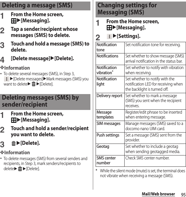 95Mail/Web browser1From the Home screen, u[Messaging].2Tap a sender/recipient whose messages (SMS) to delete.3Touch and hold a message (SMS) to delete.4[Delete message]u[Delete].❖Information･To delete several messages (SMS), in Step 3, u[Delete messages]uMark messages (SMS) you want to deleteuu[Delete].1From the Home screen, u[Messaging].2Touch and hold a sender/recipient you want to delete.3u[Delete].❖Information･To delete messages (SMS) from several senders and recipients, in Step 3, mark senders/recipients to deleteuu[Delete].1From the Home screen, u[Messaging].2u[Settings].* While the silent mode (mute) is set, the terminal does not vibrate when receiving a message (SMS).Deleting a message (SMS)Deleting messages (SMS) by sender/recipientChanging settings for Messaging (SMS)Notification toneSet notification tone for receiving.NotificationsSet whether to show message (SMS) arrival notification in the status bar.Notification vibration*Set whether to notify with vibration when receiving.Notification lightSet whether to notify with the notification LED for receiving when the backlight is turned off.Delivery reportSet whether to mark a message (SMS) you sent when the recipient receives.Message templatesRegister/edit phrase to be inserted when entering message.SIM messagesManage messages (SMS) saved to a docomo nano UIM card.Push settingsSet a message (SMS) sent from the provider.GeotagSet whether to include a geotag when sending geotagged media.SMS center numberCheck SMS center number.