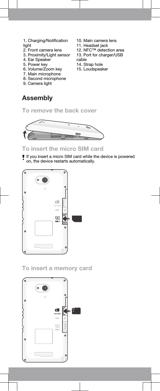 1. Charging/Notificationlight2. Front camera lens3. Proximity/Light sensor4. Ear Speaker5. Power key6. Volume/Zoom key7. Main microphone8. Second microphone9. Camera light10. Main camera lens11. Headset jack12. NFC™ detection area13. Port for charger/USBcable14. Strap hole15. LoudspeakerAssemblyTo remove the back coverTo insert the micro SIM cardIf you insert a micro SIM card while the device is poweredon, the device restarts automatically.SIM 1OFFTo insert a memory cardSIM 1OFF