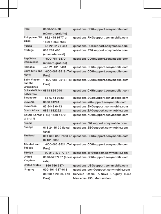 Perú 0800-532-38(número gratuito)questions.CO@support.sonymobile.comPhilippines/Pilipinas+632 479 9777 or1800 1 853 7669questions.PH@support.sonymobile.comPolska +48 22 22 77 444 questions.PL@support.sonymobile.comPortugal 808 204 466(chamada local)questions.PT@support.sonymobile.comRepúblicaDominicana1-800-751-3370(número gratuito)questions.CO@support.sonymobile.comRomânia +40 21 401 0401 questions.RO@support.sonymobile.comSaint Kitts andNevis1-800-087-9518 (TollFree)questions.CO@support.sonymobile.comSaint Vincentand theGrenadines1-800-088-9518 (TollFree)questions.CO@support.sonymobile.comSchweiz/Suisse/Svizzera0848 824 040 questions.CH@support.sonymobile .comSingapore +65 6744 0733 questions.SG@support.sonymobile.comSlovenia 0800 81291 questions.si@support.sonymobile.comSlovensko 02 5443 6443 questions.SK@support.sonymobile.comSouth Africa 0861 632222 questions.ZA@support.sonymobile.comSouth orea/대한민 국(+82) 1588 4170 questions.KO@support.sonymobile.comSuomi   questions.FI@support.sonymobile.comSverige 013 24 45 00 (lokaltaxa)questions.SE@support.sonymobile.comThailand 001 800 852 7663 or02401 3030questions.CO@support.sonymobile.comTrinidad andTobago1-800-080-9521 (TollFree)questions.CO@support.sonymobile.comTürkiye +90 212 473 77 77 questions.TR@support.sonymobile.comUnitedKingdom0370-5237237 (Localrate)questions.GB@support.sonymobile.comUnited States 1 866 766 9374 questions.US@support.sonymobile.comUruguay 000-401-787-013(09:00 a 20:00, TollFree)questions.com@support.sonymobile.comServicio Oficial A-Novo Uruguay S.A.:Mercedes 935, Montevideo.