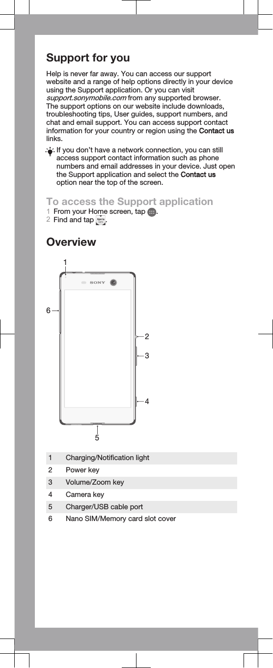 Support for youHelp is never far away. You can access our supportwebsite and a range of help options directly in your deviceusing the Support application. Or you can visitsupport.sonymobile.com from any supported browser.The support options on our website include downloads,troubleshooting tips, User guides, support numbers, andchat and email support. You can access support contactinformation for your country or region using the Contact uslinks.If you don’t have a network connection, you can stillaccess support contact information such as phonenumbers and email addresses in your device. Just openthe Support application and select the Contact usoption near the top of the screen.To access the Support application1From your Home screen, tap  .2Find and tap  .Overview2341561 Charging/Notification light2 Power key3 Volume/Zoom key4 Camera key5 Charger/USB cable port6 Nano SIM/Memory card slot cover