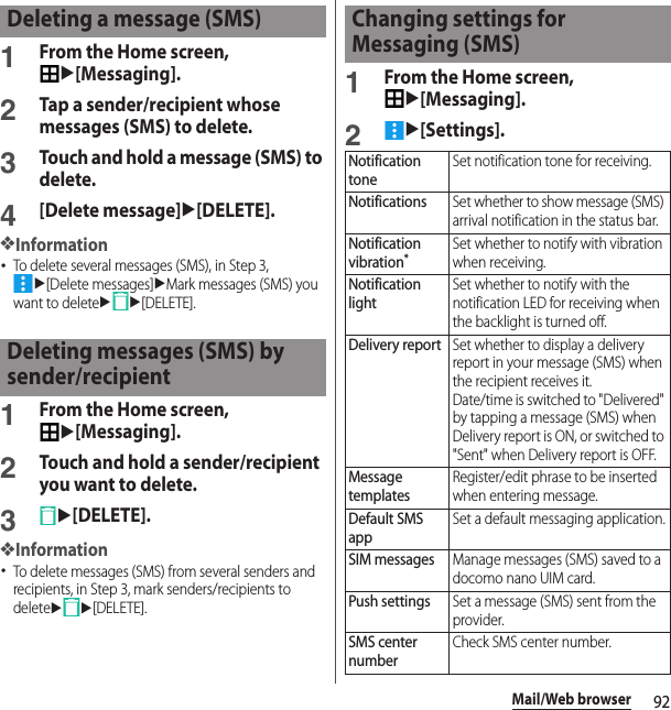 92Mail/Web browser1From the Home screen, u[Messaging].2Tap a sender/recipient whose messages (SMS) to delete.3Touch and hold a message (SMS) to delete.4[Delete message]u[DELETE].❖Information･To delete several messages (SMS), in Step 3, u[Delete messages]uMark messages (SMS) you want to deleteuu[DELETE].1From the Home screen, u[Messaging].2Touch and hold a sender/recipient you want to delete.3u[DELETE].❖Information･To delete messages (SMS) from several senders and recipients, in Step 3, mark senders/recipients to deleteuu[DELETE].1From the Home screen, u[Messaging].2u[Settings].Deleting a message (SMS)Deleting messages (SMS) by sender/recipientChanging settings for Messaging (SMS)Notification toneSet notification tone for receiving.NotificationsSet whether to show message (SMS) arrival notification in the status bar.Notification vibration*Set whether to notify with vibration when receiving.Notification lightSet whether to notify with the notification LED for receiving when the backlight is turned off.Delivery reportSet whether to display a delivery report in your message (SMS) when the recipient receives it.Date/time is switched to &quot;Delivered&quot; by tapping a message (SMS) when Delivery report is ON, or switched to &quot;Sent&quot; when Delivery report is OFF.Message templatesRegister/edit phrase to be inserted when entering message.Default SMS appSet a default messaging application.SIM messagesManage messages (SMS) saved to a docomo nano UIM card.Push settingsSet a message (SMS) sent from the provider.SMS center numberCheck SMS center number.