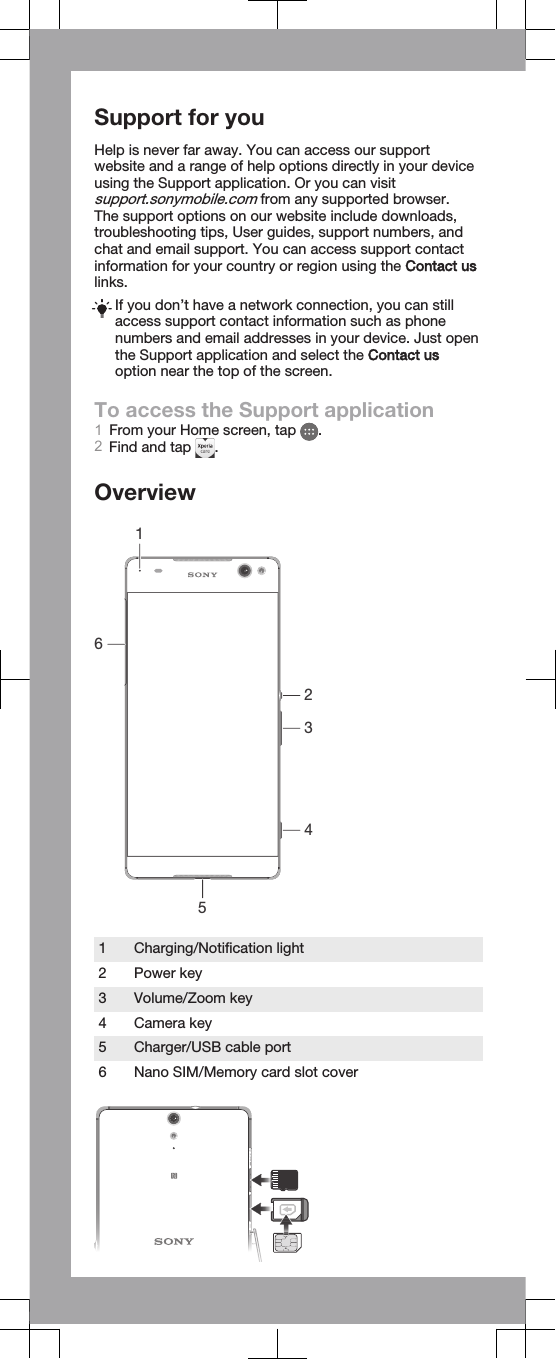Support for youHelp is never far away. You can access our supportwebsite and a range of help options directly in your deviceusing the Support application. Or you can visitsupport.sonymobile.com from any supported browser.The support options on our website include downloads,troubleshooting tips, User guides, support numbers, andchat and email support. You can access support contactinformation for your country or region using the Contact uslinks.If you don’t have a network connection, you can stillaccess support contact information such as phonenumbers and email addresses in your device. Just openthe Support application and select the Contact usoption near the top of the screen.To access the Support application1From your Home screen, tap  .2Find and tap  .Overview1234651 Charging/Notification light2 Power key3 Volume/Zoom key4 Camera key5 Charger/USB cable port6 Nano SIM/Memory card slot cover