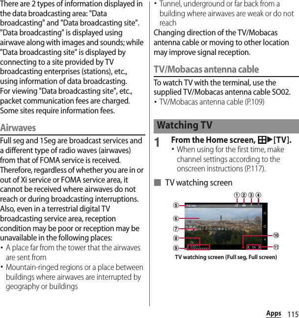 115AppsThere are 2 types of information displayed in the data broadcasting area: &quot;Data broadcasting&quot; and &quot;Data broadcasting site&quot;. &quot;Data broadcasting&quot; is displayed using airwave along with images and sounds; while &quot;Data broadcasting site&quot; is displayed by connecting to a site provided by TV broadcasting enterprises (stations), etc., using information of data broadcasting.For viewing &quot;Data broadcasting site&quot;, etc., packet communication fees are charged.Some sites require information fees.AirwavesFull seg and 1Seg are broadcast services and a different type of radio waves (airwaves) from that of FOMA service is received. Therefore, regardless of whether you are in or out of Xi service or FOMA service area, it cannot be received where airwaves do not reach or during broadcasting interruptions.Also, even in a terrestrial digital TV broadcasting service area, reception condition may be poor or reception may be unavailable in the following places:･A place far from the tower that the airwaves are sent from･Mountain-ringed regions or a place between buildings where airwaves are interrupted by geography or buildings･Tunnel, underground or far back from a building where airwaves are weak or do not reachChanging direction of the TV/Mobacas antenna cable or moving to other location may improve signal reception.TV/Mobacas antenna cableTo watch TV with the terminal, use the supplied TV/Mobacas antenna cable SO02.･TV/Mobacas antenna cable (P.109)1From the Home screen, u[TV].･When using for the first time, make channel settings according to the onscreen instructions (P.117).■ TV watching screenWatching TVhidkjcbagfeTV watching screen (Full seg, Full screen)