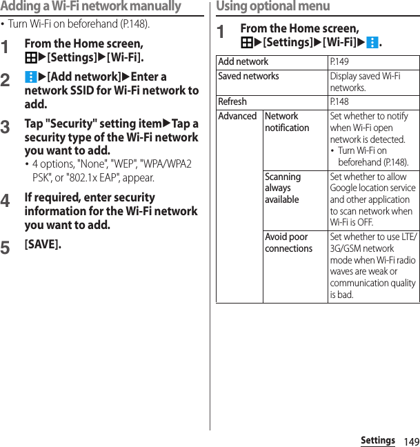 149SettingsAdding a Wi-Fi network manually･Turn Wi-Fi on beforehand (P.148).1From the Home screen, u[Settings]u[Wi-Fi].2u[Add network]uEnter a network SSID for Wi-Fi network to add.3Tap &quot;Security&quot; setting itemuTap a security type of the Wi-Fi network you want to add.･4 options, &quot;None&quot;, &quot;WEP&quot;, &quot;WPA/WPA2 PSK&quot;, or &quot;802.1x EAP&quot;, appear.4If required, enter security information for the Wi-Fi network you want to add.5[SAVE].Using optional menu1From the Home screen, u[Settings]u[Wi-Fi]u.Add networkP. 1 4 9Saved networksDisplay saved Wi-Fi networks.RefreshP. 1 4 8Advanced Network notificationSet whether to notify when Wi-Fi open network is detected.･Turn Wi-Fi on beforehand (P.148).Scanning always availableSet whether to allow Google location service and other application to scan network when Wi-Fi is OFF.Avoid poor connectionsSet whether to use LTE/3G/GSM network mode when Wi-Fi radio waves are weak or communication quality is bad.