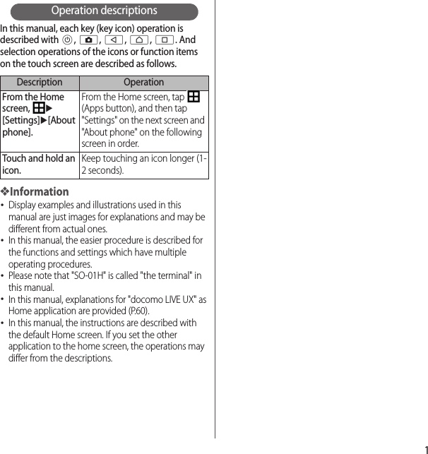 1Operation descriptionsIn this manual, each key (key icon) operation is described with P, k, b, h, n. And selection operations of the icons or function items on the touch screen are described as follows.❖Information･Display examples and illustrations used in this manual are just images for explanations and may be different from actual ones.･In this manual, the easier procedure is described for the functions and settings which have multiple operating procedures.･Please note that &quot;SO-01H&quot; is called &quot;the terminal&quot; in this manual.･In this manual, explanations for &quot;docomo LIVE UX&quot; as Home application are provided (P.60).･In this manual, the instructions are described with the default Home screen. If you set the other application to the home screen, the operations may differ from the descriptions.Description OperationFrom the Home screen, u[Settings]u[About phone].From the Home screen, tap   (Apps button), and then tap &quot;Settings&quot; on the next screen and &quot;About phone&quot; on the following screen in order.Touch and hold an icon.Keep touching an icon longer (1-2 seconds).