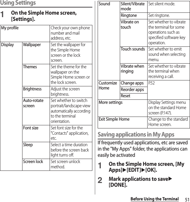 51Before Using the TerminalUsing Settings1On the Simple Home screen, [Settings].Saving applications in My AppsIf frequently used applications, etc are saved in the &quot;My Apps&quot; folder, the applications can easily be activated1On the Simple Home screen, [My Apps]u[EDIT]u[OK].2Mark applications to saveu[DONE].My profileCheck your own phone number and mail address, etc.Display WallpaperSet the wallpaper for the Simple Home screen or the lock screen.ThemesSet the theme for the wallpaper on the Simple Home screen or the lock screen.BrightnessAdjust the screen brightness.Auto-rotate screenSet whether to switch portrait/landscape view automatically according to the terminal orientation.Font sizeSet font size for the &quot;Contacts&quot; application, etc.SleepSelect a time duration before the screen back light turns off.Screen lockSet screen unlock method.Sound Silent/Vibrate modeSet silent mode.RingtoneSet ringtone.Vibrate on touchSet whether to vibrate the terminal for some operations such as specified software key operation.Touch soundsSet whether to emit sound when selecting menu.Vibrate when ringingSet whether to vibrate the terminal when receiving a call.Customize HomeChange appsP. 5 2Reorder appsResetMore settingsDisplay Settings menu on the standard Home screen (P.147).Exit Simple HomeChange to the standard Home screen.