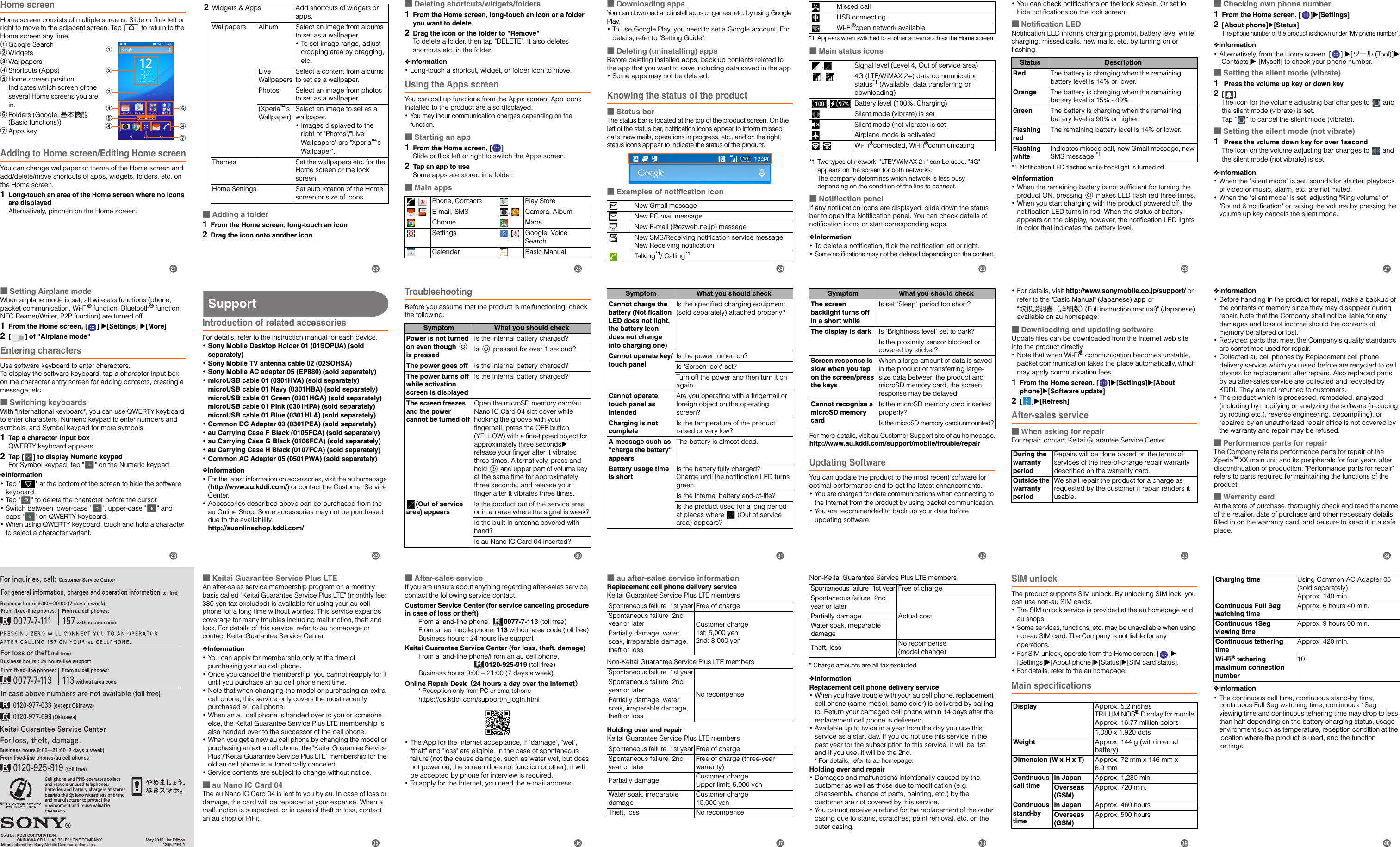 For inquiries, call: Customer Service CenterFor general information, charges and operation information (toll free)For loss or theft (toll free)Business hours : 24 hours live supportIn case above numbers are not available (toll free).       0120-977-033 (except Okinawa)       0120-977-699 (Okinawa)From au cell phones:113 without area codeFrom ﬁxed-line phones:       0077-7-113From ﬁxed-line phones:       0077-7-111From au cell phones:157 without area codeSold by: KDDI CORPORATION,                OKINAWA CELLULAR TELEPHONE COMPANYManufactured by: Sony Mobile Communications Inc.May 2015, 1st Edition1295-7190.1Cell phone and PHS operators collect and recycle unused telephones, batteries and battery chargers at stores bearing the      logo regardless of brand and manufacturer to protect the environment and reuse valuable resources.Keitai Guarantee Service CenterFor loss, theft, damage.From ﬁxed-line phones/au cell phones,0120-925-919 (toll free)Business hours 9:00−21:00 (7 days a week)Business hours 9:00−20:00 (7 days a week)Home screenHome screen consists of multiple screens. Slide or flick left or right to move to the adjacent screen. Tap h to return to the Home screen any time.aGoogle SearchbWidgetscWallpapersdShortcuts (Apps)eHome screen positionIndicates which screen of the several Home screens you are in.fFolders (Google, 基本機能 (Basic functions))gApps keyAdding to Home screen/Editing Home screenYou can change wallpaper or theme of the Home screen and add/delete/move shortcuts of apps, widgets, folders, etc. on the Home screen.1Long-touch an area of the Home screen where no icons are displayedAlternatively, pinch-in on the Home screen. ■Adding a folder1From the Home screen, long-touch an icon2Drag the icon onto another icon■Deleting shortcuts/widgets/folders1From the Home screen, long-touch an icon or a folder you want to delete2Drag the icon or the folder to &quot;Remove&quot;To delete a folder, then tap &quot;DELETE&quot;. It also deletes shortcuts etc. in the folder.❖Information･Long-touch a shortcut, widget, or folder icon to move.Using the Apps screenYou can call up functions from the Apps screen. App icons installed to the product are also displayed.･You may incur communication charges depending on the function.■Starting an app1From the Home screen, [ ]Slide or flick left or right to switch the Apps screen.2Tap an app to useSome apps are stored in a folder.■Main apps■Downloading appsYou can download and install apps or games, etc. by using Google Play.･To use Google Play, you need to set a Google account. For details, refer to &quot;Setting Guide&quot;.■Deleting (uninstalling) appsBefore deleting installed apps, back up contents related to the app that you want to save including data saved in the app.･Some apps may not be deleted.Knowing the status of the product■Status barThe status bar is located at the top of the product screen. On the left of the status bar, notification icons appear to inform missed calls, new mails, operations in progress, etc., and on the right, status icons appear to indicate the status of the product.■Examples of notification icon*1 Appears when switched to another screen such as the Home screen.■Main status icons*1 Two types of network, &quot;LTE&quot;/&quot;WiMAX 2+&quot; can be used. &quot;4G&quot; appears on the screen for both networks.The company determines which network is less busy depending on the condition of the line to connect.■Notification panelIf any notification icons are displayed, slide down the status bar to open the Notification panel. You can check details of notification icons or start corresponding apps.❖Information･To delete a notification, flick the notification left or right.･Some notifications may not be deleted depending on the content.･You can check notifications on the lock screen. Or set to hide notifications on the lock screen.■Notification LEDNotification LED informs charging prompt, battery level while charging, missed calls, new mails, etc. by turning on or flashing.*1 Notification LED flashes while backlight is turned off.❖Information･When the remaining battery is not sufficient for turning the product ON, pressing P makes LED flash red three times.･When you start charging with the product powered off, the notification LED turns in red. When the status of battery appears on the display, however, the notification LED lights in color that indicates the battery level.■Checking own phone number1From the Home screen, [ ][Settings]2[About phone][Status]The phone number of the product is shown under &quot;My phone number&quot;.❖Information･Alternatively, from the Home screen, [ ] [ツール (Tool)][Contacts] [Myself] to check your phone number.■Setting the silent mode (vibrate)1 Press the volume up key or down key2[]The icon for the volume adjusting bar changes to   and the silent mode (vibrate) is set.Tap &quot; &quot; to cancel the silent mode (vibrate).■Setting the silent mode (not vibrate)1 Press the volume down key for over 1secondThe icon on the volume adjusting bar changes to   and the silent mode (not vibrate) is set.❖Information･When the &quot;silent mode&quot; is set, sounds for shutter, playback of video or music, alarm, etc. are not muted.･When the &quot;silent mode&quot; is set, adjusting &quot;Ring volume&quot; of &quot;Sound &amp; notification&quot; or raising the volume by pressing the volume up key cancels the silent mode.abceddfdg2 Widgets &amp; Apps Add shortcuts of widgets or apps.Wallpapers Album Select an image from albums to set as a wallpaper.･To set image range, adjust cropping area by dragging, etc.Live WallpapersSelect a content from albums to set as a wallpaper.Photos Select an image from photos to set as a wallpaper.(Xperia™&apos;s Wallpaper)Select an image to set as a wallpaper.･Images displayed to the right of &quot;Photos&quot;/&quot;Live Wallpapers&quot; are &quot;Xperia™&apos;s Wallpaper&quot;.Themes Set the wallpapers etc. for the Home screen or the lock screen.Home Settings Set auto rotation of the Home screen or size of icons. , Phone, Contacts Play Store, E-mail, SMS , Camera, AlbumChrome MapsSettings , Google, Voice SearchCalendar Basic ManualNew Gmail messageNew PC mail messageNew E-mail (@ezweb.ne.jp) messageNew SMS/Receiving notification service message, New Receiving notificationTalking*1/ Calling*1Missed callUSB connectingWi-Fi®open network available, Signal level (Level 4, Out of service area), 4G (LTE/WiMAX 2+) data communication status*1 (Available, data transferring or downloading) , Battery level (100%, Charging)Silent mode (vibrate) is setSilent mode (not vibrate) is setAirplane mode is activated,Wi-Fi®connected, Wi-Fi®communicatingStatus DescriptionRed The battery is charging when the remaining battery level is 14% or lower.Orange The battery is charging when the remaining battery level is 15% - 89%.Green The battery is charging when the remaining battery level is 90% or higher.Flashing redThe remaining battery level is 14% or lower.Flashing whiteIndicates missed call, new Gmail message, new SMS message.*1■Setting Airplane modeWhen airplane mode is set, all wireless functions (phone, packet communication, Wi-Fi® function, Bluetooth® function, NFC Reader/Writer, P2P function) are turned off.1From the Home screen, [ ] u[Settings] u[More]2[ ] of &quot;Airplane mode&quot;Entering charactersUse software keyboard to enter characters.To display the software keyboard, tap a character input box on the character entry screen for adding contacts, creating a message, etc.■Switching keyboardsWith &quot;International keyboard&quot;, you can use QWERTY keyboard to enter characters, Numeric keypad to enter numbers and symbols, and Symbol keypad for more symbols.1Tap a character input boxQWERTY keyboard appears.2Tap [ ] to display Numeric keypadFor Symbol keypad, tap &quot; &quot; on the Numeric keypad.❖Information･Tap &quot; &quot; at the bottom of the screen to hide the software keyboard.･Tap &quot; &quot; to delete the character before the cursor.･Switch between lower-case &quot; &quot;, upper-case &quot; &quot; and caps &quot; &quot; on QWERTY keyboard.･When using QWERTY keyboard, touch and hold a character to select a character variant.SupportIntroduction of related accessoriesFor details, refer to the instruction manual for each device.･Sony Mobile Desktop Holder 01 (01SOPUA) (sold separately)･Sony Mobile TV antenna cable 02 (02SOHSA)･Sony Mobile AC adapter 05 (EP880) (sold separately)･microUSB cable 01 (0301HVA) (sold separately)microUSB cable 01 Navy (0301HBA) (sold separately)microUSB cable 01 Green (0301HGA) (sold separately)microUSB cable 01 Pink (0301HPA) (sold separately)microUSB cable 01 Blue (0301HLA) (sold separately)･Common DC Adapter 03 (0301PEA) (sold separately)･au Carrying Case F Black (0105FCA) (sold separately)･au Carrying Case G Black (0106FCA) (sold separately)･au Carrying Case H Black (0107FCA) (sold separately)･Common AC Adapter 05 (0501PWA) (sold separately)❖Information･For the latest information on accessories, visit the au homepage (http://www.au.kddi.com/) or contact the Customer Service Center.･Accessories described above can be purchased from the au Online Shop. Some accessories may not be purchased due to the availability.http://auonlineshop.kddi.com/TroubleshootingBefore you assume that the product is malfunctioning, check the following:For more details, visit au Customer Support site of au homepage.http://www.au.kddi.com/support/mobile/trouble/repairUpdating SoftwareYou can update the product to the most recent software for optimal performance and to get the latest enhancements.･You are charged for data communications when connecting to the Internet from the product by using packet communication.･You are recommended to back up your data before updating software.･For details, visit http://www.sonymobile.co.jp/support/ or refer to the &quot;Basic Manual&quot; (Japanese) app or &quot;取扱説明書（詳細版） (Full instruction manual)&quot; (Japanese) available on au homepage.■Downloading and updating softwareUpdate files can be downloaded from the Internet web site into the product directly.･Note that when Wi-Fi® communication becomes unstable, packet communication takes the place automatically, which may apply communication fees.1From the Home screen, [ ][Settings][About phone][Software update]2[][Refresh]After-sales service■When asking for repairFor repair, contact Keitai Guarantee Service Center.❖Information･Before handing in the product for repair, make a backup of the contents of memory since they may disappear during repair. Note that the Company shall not be liable for any damages and loss of income should the contents of memory be altered or lost.･Recycled parts that meet the Company&apos;s quality standards are sometimes used for repair.･Collected au cell phones by Replacement cell phone delivery service which you used before are recycled to cell phones for replacement after repairs. Also replaced parts by au after-sales service are collected and recycled by KDDI. They are not returned to customers.･The product which is processed, remodeled, analyzed (including by modifying or analyzing the software (including by rooting etc.), reverse engineering, decompiling), or repaired by an unauthorized repair office is not covered by the warranty and repair may be refused.■Performance parts for repairThe Company retains performance parts for repair of the Xperia™ XX main unit and its peripherals for four years after discontinuation of production. &quot;Performance parts for repair&quot; refers to parts required for maintaining the functions of the product.■Warranty cardAt the store of purchase, thoroughly check and read the name of the retailer, date of purchase and other necessary details filled in on the warranty card, and be sure to keep it in a safe place.Symptom What you should checkPower is not turned on even though P is pressedIs the internal battery charged?Is P pressed for over 1 second?The power goes off Is the internal battery charged?The power turns off while activation screen is displayedIs the internal battery charged?The screen freezes and the power cannot be turned offOpen the microSD memory card/au Nano IC Card 04 slot cover while hooking the groove with your fingernail, press the OFF button (YELLOW) with a fine-tipped object for approximately three secondsu release your finger after it vibrates three times. Alternatively, press and hold P and upper part of volume key at the same time for approximately three seconds, and release your finger after it vibrates three times.(Out of service area) appearsIs the product out of the service area or in an area where the signal is weak?Is the built-in antenna covered with hand?Is au Nano IC Card 04 inserted?Cannot charge the battery (Notification LED does not light, the battery icon does not change into charging one)Is the specified charging equipment (sold separately) attached properly?Cannot operate key/touch panelIs the power turned on?Is &quot;Screen lock&quot; set?Turn off the power and then turn it on again.Cannot operate touch panel as intendedAre you operating with a fingernail or foreign object on the operating screen?Charging is not completeIs the temperature of the product raised or very low?A message such as &quot;charge the battery&quot; appearsThe battery is almost dead.Battery usage time is shortIs the battery fully charged?Charge until the notification LED turns green.Is the internal battery end-of-life?Is the product used for a long period at places where   (Out of service area) appears?Symptom What you should checkThe screen backlight turns off in a short whileIs set &quot;Sleep&quot; period too short?The display is dark Is &quot;Brightness level&quot; set to dark?Is the proximity sensor blocked or covered by sticker?Screen response is slow when you tap on the screen/press the keysWhen a large amount of data is saved in the product or transferring large-size data between the product and microSD memory card, the screen response may be delayed.Cannot recognize a microSD memory cardIs the microSD memory card inserted properly?Is the microSD memory card unmounted?Symptom What you should checkDuring the warranty periodRepairs will be done based on the terms of services of the free-of-charge repair warranty described on the warranty card.Outside the warranty periodWe shall repair the product for a charge as requested by the customer if repair renders it usable.■Keitai Guarantee Service Plus LTEAn after-sales service membership program on a monthly basis called &quot;Keitai Guarantee Service Plus LTE&quot; (monthly fee: 380 yen tax excluded) is available for using your au cell phone for a long time without worries. This service expands coverage for many troubles including malfunction, theft and loss. For details of this service, refer to au homepage or contact Keitai Guarantee Service Center.❖Information･You can apply for membership only at the time of purchasing your au cell phone.･Once you cancel the membership, you cannot reapply for it until you purchase an au cell phone next time.･Note that when changing the model or purchasing an extra cell phone, this service only covers the most recently purchased au cell phone.･When an au cell phone is handed over to you or someone else, the Keitai Guarantee Service Plus LTE membership is also handed over to the successor of the cell phone.･When you get a new au cell phone by changing the model or purchasing an extra cell phone, the &quot;Keitai Guarantee Service Plus&quot;/&quot;Keitai Guarantee Service Plus LTE&quot; membership for the old au cell phone is automatically canceled.･Service contents are subject to change without notice.■au Nano IC Card 04The au Nano IC Card 04 is lent to you by au. In case of loss or damage, the card will be replaced at your expense. When a malfunction is suspected, or in case of theft or loss, contact an au shop or PiPit.■After-sales serviceIf you are unsure about anything regarding after-sales service, contact the following service contact.Customer Service Center (for service canceling procedure in case of loss or theft)From a land-line phone,  0077-7-113 (toll free)From an au mobile phone, 113 without area code (toll free)Business hours : 24 hours live supportKeitai Guarantee Service Center (for loss, theft, damage) From a land-line phone/From an au cell phone,0120-925-919 (toll free)Business hours 9:00 – 21:00 (7 days a week)Online Repair Desk（24 hours a day over the Internet）* Reception only from PC or smartphonehttps://cs.kddi.com/support/n_login.html･The App for the Internet acceptance, if &quot;damage&quot;, &quot;wet&quot;, &quot;theft&quot; and &quot;loss&quot; are eligible. In the case of spontaneous failure (not the cause damage, such as water wet, but does not power on, the screen does not function or other), it will be accepted by phone for interview is required.･To apply for the Internet, you need the e-mail address. ■au after-sales service informationReplacement cell phone delivery serviceKeitai Guarantee Service Plus LTE membersNon-Keitai Guarantee Service Plus LTE membersHolding over and repairKeitai Guarantee Service Plus LTE membersNon-Keitai Guarantee Service Plus LTE members* Charge amounts are all tax excluded❖InformationReplacement cell phone delivery service･When you have trouble with your au cell phone, replacement cell phone (same model, same color) is delivered by calling to. Return your damaged cell phone within 14 days after the replacement cell phone is delivered.･Available up to twice in a year from the day you use this service as a start day. If you do not use this service in the past year for the subscription to this service, it will be 1st and if you use, it will be the 2nd.* For details, refer to au homepage.Holding over and repair ･Damages and malfunctions intentionally caused by the customer as well as those due to modification (e.g. disassembly, change of parts, painting, etc.) by the customer are not covered by this service.･You cannot receive a refund for the replacement of the outer casing due to stains, scratches, paint removal, etc. on the outer casing.SIM unlockThe product supports SIM unlock. By unlocking SIM lock, you can use non-au SIM cards.･The SIM unlock service is provided at the au homepage and au shops.･Some services, functions, etc. may be unavailable when using non-au SIM card. The Company is not liable for any operations.･For SIM unlock, operate from the Home screen, [ ] [Settings][About phone][Status][SIM card status].･For details, refer to the au homepage.Main specifications❖Information･The continuous call time, continuous stand-by time, continuous Full Seg watching time, continuous 1Seg viewing time and continuous tethering time may drop to less than half depending on the battery charging status, usage environment such as temperature, reception condition at the location where the product is used, and the function settings.Spontaneous failure  1st yearFree of chargeSpontaneous failure  2nd year or later Customer charge1st: 5,000 yen2nd: 8,000 yenPartially damage, water soak, irreparable damage, theft or lossSpontaneous failure  1st yearNo recompenseSpontaneous failure  2nd year or laterPartially damage, water soak, irreparable damage, theft or lossSpontaneous failure  1st yearFree of chargeSpontaneous failure  2nd year or laterFree of charge (three-year warranty)Partially damage Customer chargeUpper limit: 5,000 yenWater soak, irreparable damageCustomer charge10,000 yenTheft, loss No recompenseSpontaneous failure  1st yearFree of chargeSpontaneous failure  2nd year or laterActual costPartially damageWater soak, irreparable damageTheft, loss No recompense(model change)Display Approx. 5.2 inches TRILUMINOS® Display for mobile Approx. 16.77 million colors1,080 x 1,920 dotsWeight Approx. 144 g (with internal battery)Dimension (W x H x T) Approx. 72 mm x 146 mm x 6.9 mmContinuous call timeIn Japan Approx. 1,280 min.Overseas (GSM)Approx. 720 min.Continuous stand-by timeIn Japan Approx. 460 hoursOverseas (GSM)Approx. 500 hoursCharging time Using Common AC Adapter 05 (sold separately): Approx. 140 min.Continuous Full Seg watching timeApprox. 6 hours 40 min.Continuous 1Seg viewing timeApprox. 9 hours 00 min.Continuous tethering timeApprox. 420 min.Wi-Fi® tethering maximum connection number10wxyzADEFGHBCJKLMNuvI