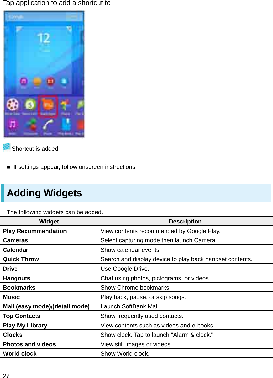 Tap application to add a shortcut toShortcut is added.If settings appear, follow onscreen instructions.Adding WidgetsThe following widgets can be added.Widget DescriptionPlay Recommendation View contents recommended by Google Play.Cameras Select capturing mode then launch Camera.Calendar Show calendar events.Quick Throw Search and display device to play back handset contents.Drive Use Google Drive.Hangouts Chat using photos, pictograms, or videos.Bookmarks Show Chrome bookmarks.Music Play back, pause, or skip songs.Mail (easy mode)/(detail mode) Launch SoftBank Mail.Top Contacts Show frequently used contacts.Play-My Library View contents such as videos and e-books.Clocks Show clock. Tap to launch &quot;Alarm &amp; clock.&quot;Photos and videos View still images or videos.World clock Show World clock.27