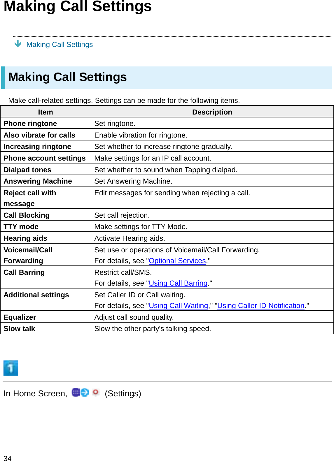 Making Call SettingsÐMaking Call SettingsMaking Call SettingsMake call-related settings. Settings can be made for the following items.Item DescriptionPhone ringtone Set ringtone.Also vibrate for calls Enable vibration for ringtone.Increasing ringtone Set whether to increase ringtone gradually.Phone account settings Make settings for an IP call account.Dialpad tones Set whether to sound when Tapping dialpad.Answering Machine Set Answering Machine.Reject call with messageEdit messages for sending when rejecting a call.Call Blocking Set call rejection.TTY mode Make settings for TTY Mode.Hearing aids Activate Hearing aids.Voicemail/Call ForwardingSet use or operations of Voicemail/Call Forwarding. For details, see &quot;Optional Services.&quot;Call Barring Restrict call/SMS. For details, see &quot;Using Call Barring.&quot;Additional settings Set Caller ID or Call waiting. For details, see &quot;Using Call Waiting,&quot; &quot;Using Caller ID Notification.&quot;Equalizer Adjust call sound quality.Slow talk Slow the other party&apos;s talking speed.In Home Screen,  (Settings)34