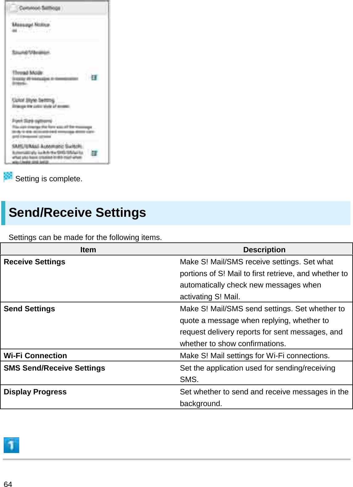 Setting is complete.Send/Receive SettingsSettings can be made for the following items.Item DescriptionReceive Settings Make S! Mail/SMS receive settings. Set what portions of S! Mail to first retrieve, and whether to automatically check new messages when activating S! Mail.Send Settings Make S! Mail/SMS send settings. Set whether to quote a message when replying, whether to request delivery reports for sent messages, and whether to show confirmations.Wi-Fi Connection Make S! Mail settings for Wi-Fi connections.SMS Send/Receive Settings Set the application used for sending/receiving SMS.Display Progress Set whether to send and receive messages in the background.64