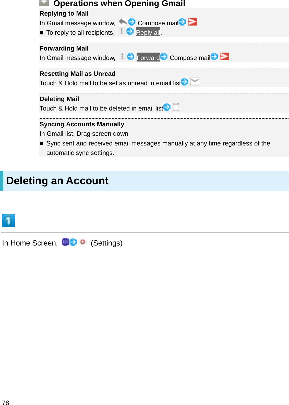 Operations when Opening GmailReplying to MailIn Gmail message window,  Compose mailTo reply to all recipients,  Reply all.Forwarding MailIn Gmail message window,  Forward Compose mailResetting Mail as UnreadTouch &amp; Hold mail to be set as unread in email listDeleting MailTouch &amp; Hold mail to be deleted in email listSyncing Accounts ManuallyIn Gmail list, Drag screen downSync sent and received email messages manually at any time regardless of the automatic sync settings.Deleting an AccountIn Home Screen,  (Settings)78