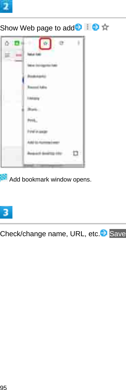 Show Web page to addAdd bookmark window opens.Check/change name, URL, etc. Save95