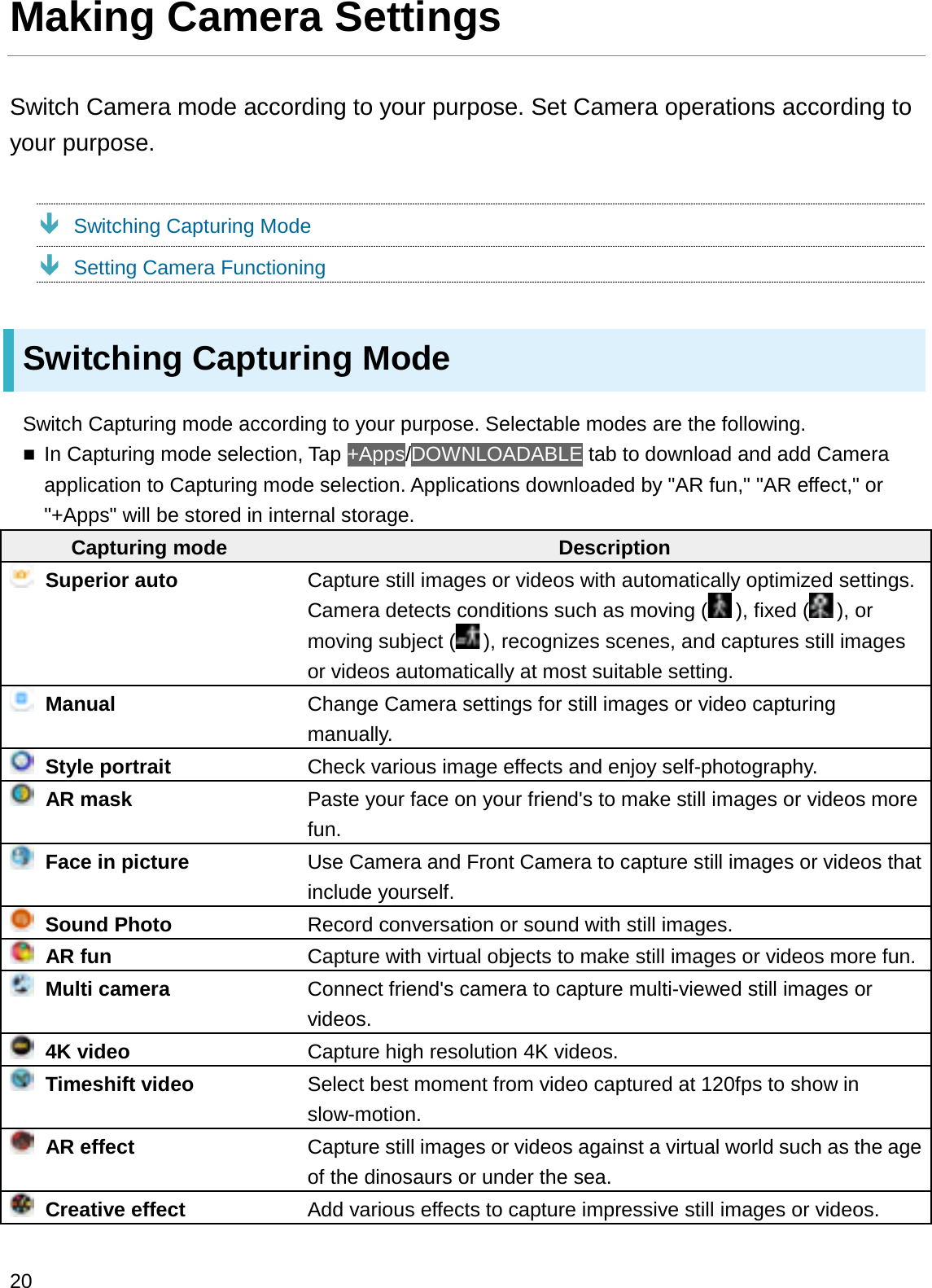 Making Camera SettingsSwitch Camera mode according to your purpose. Set Camera operations according to your purpose.ÐSwitching Capturing ModeÐSetting Camera FunctioningSwitching Capturing ModeSwitch Capturing mode according to your purpose. Selectable modes are the following.In Capturing mode selection, Tap +Apps/DOWNLOADABLE tab to download and add Camera application to Capturing mode selection. Applications downloaded by &quot;AR fun,&quot; &quot;AR effect,&quot; or &quot;+Apps&quot; will be stored in internal storage.Capturing mode DescriptionSuperior auto Capture still images or videos with automatically optimized settings.Camera detects conditions such as moving ( ), fixed ( ), or moving subject ( ), recognizes scenes, and captures still images or videos automatically at most suitable setting.Manual Change Camera settings for still images or video capturing manually.Style portrait Check various image effects and enjoy self-photography.AR mask Paste your face on your friend&apos;s to make still images or videos more fun.Face in picture Use Camera and Front Camera to capture still images or videos that include yourself.Sound Photo Record conversation or sound with still images.AR fun Capture with virtual objects to make still images or videos more fun.Multi camera Connect friend&apos;s camera to capture multi-viewed still images or videos.4K video Capture high resolution 4K videos.Timeshift video Select best moment from video captured at 120fps to show in slow-motion.AR effect Capture still images or videos against a virtual world such as the age of the dinosaurs or under the sea.Creative effect Add various effects to capture impressive still images or videos.20