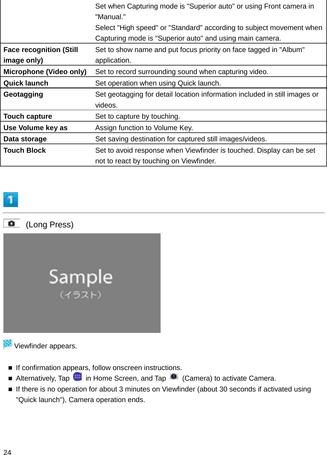 Set when Capturing mode is &quot;Superior auto&quot; or using Front camera in &quot;Manual.&quot;Select &quot;High speed&quot; or &quot;Standard&quot; according to subject movement when Capturing mode is &quot;Superior auto&quot; and using main camera.Face recognition (Still image only)Set to show name and put focus priority on face tagged in &quot;Album&quot; application.Microphone (Video only) Set to record surrounding sound when capturing video.Quick launch Set operation when using Quick launch.Geotagging Set geotagging for detail location information included in still images or videos.Touch capture Set to capture by touching.Use Volume key as Assign function to Volume Key.Data storage Set saving destination for captured still images/videos.Touch Block Set to avoid response when Viewfinder is touched. Display can be set not to react by touching on Viewfinder.(Long Press)Viewfinder appears.If confirmation appears, follow onscreen instructions.Alternatively, Tap  in Home Screen, and Tap  (Camera) to activate Camera.If there is no operation for about 3 minutes on Viewfinder (about 30 seconds if activated using &quot;Quick launch&quot;), Camera operation ends.24