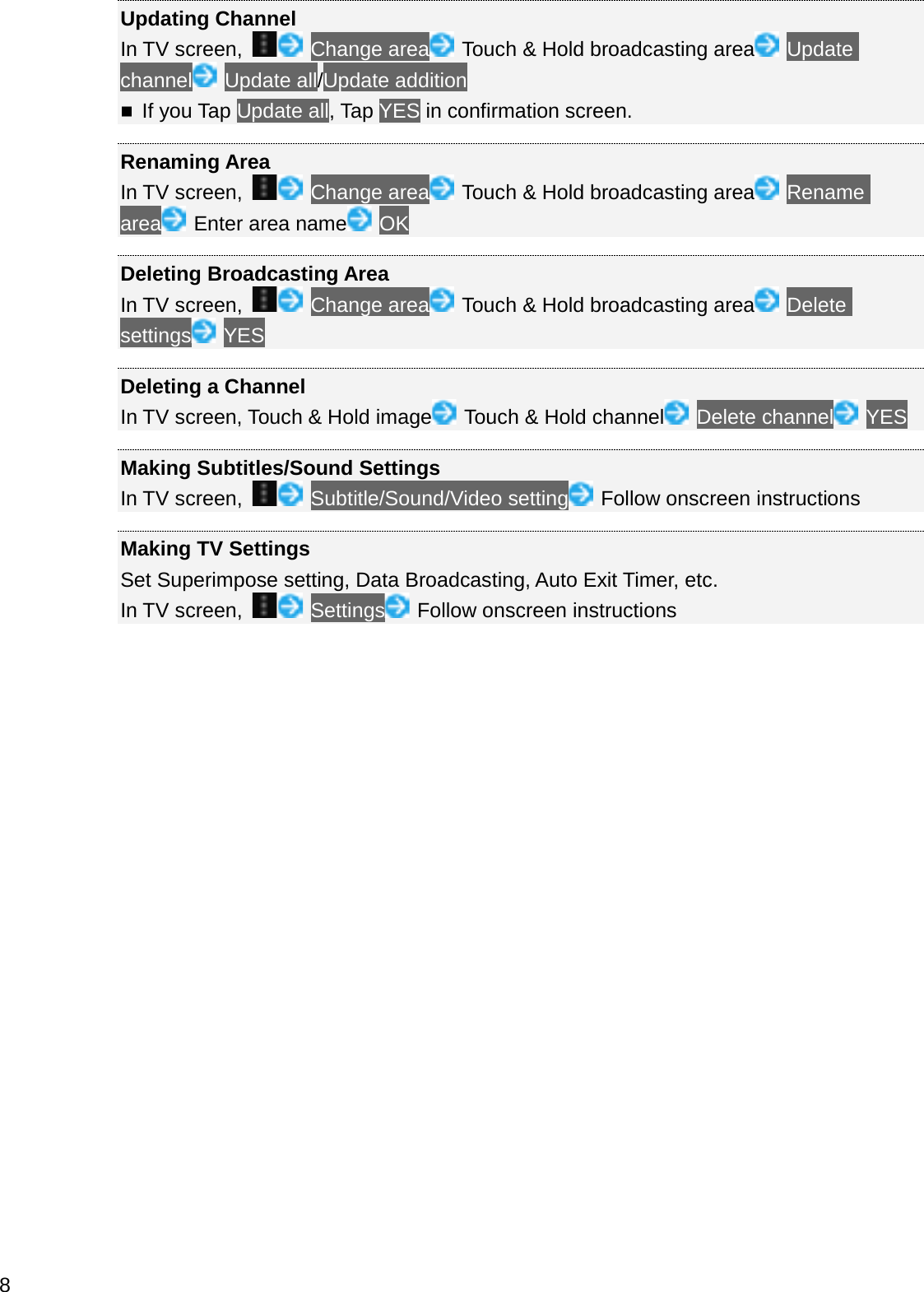 Updating ChannelIn TV screen,  Change area Touch &amp; Hold broadcasting area Update channel Update all/Update additionIf you Tap Update all, Tap YES in confirmation screen.Renaming AreaIn TV screen,  Change area Touch &amp; Hold broadcasting area Rename area Enter area name OKDeleting Broadcasting AreaIn TV screen,  Change area Touch &amp; Hold broadcasting area Delete settings YESDeleting a ChannelIn TV screen, Touch &amp; Hold image Touch &amp; Hold channel Delete channel YESMaking Subtitles/Sound SettingsIn TV screen,  Subtitle/Sound/Video setting Follow onscreen instructionsMaking TV SettingsSet Superimpose setting, Data Broadcasting, Auto Exit Timer, etc.In TV screen,  Settings Follow onscreen instructions8