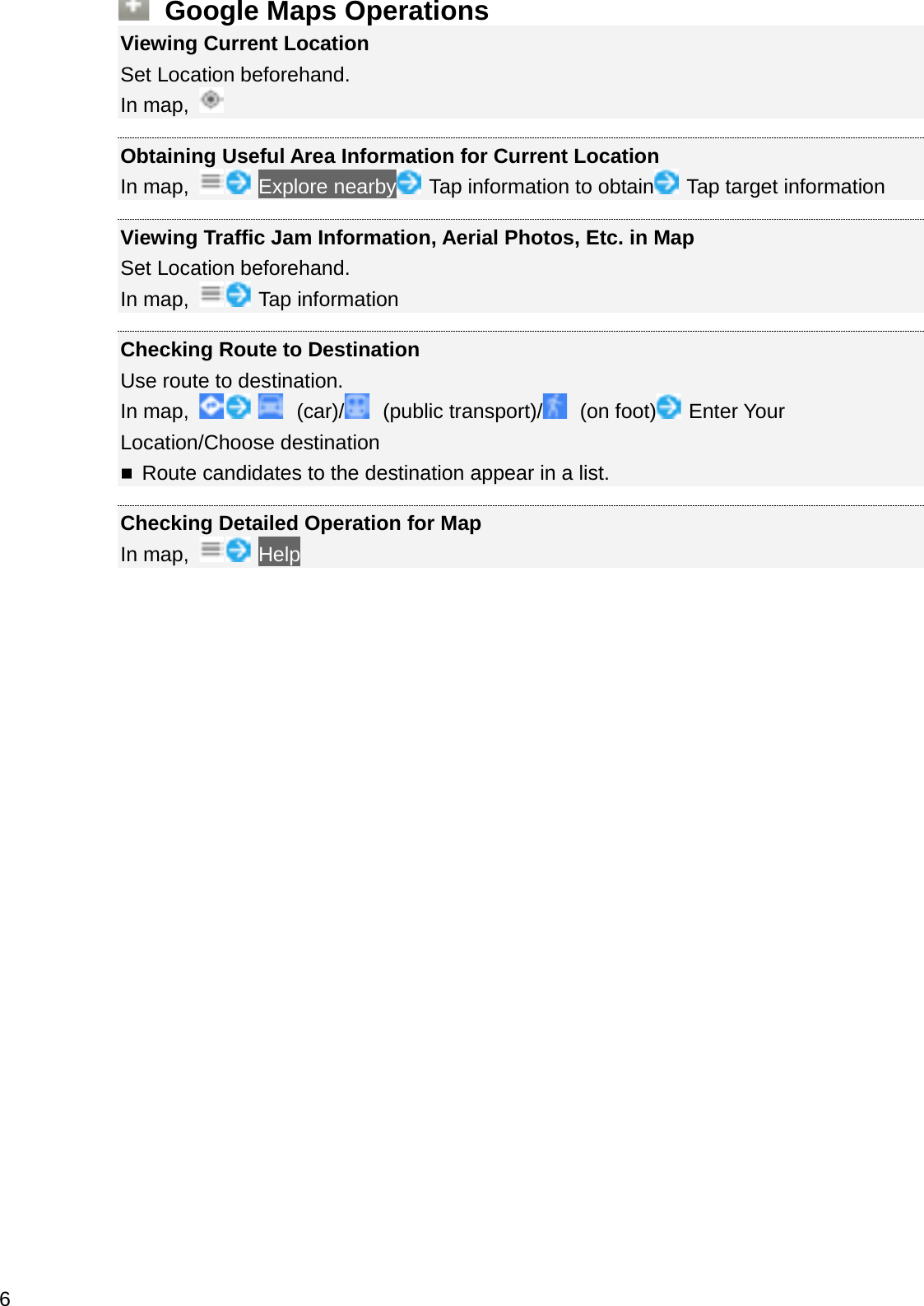 Google Maps OperationsViewing Current LocationSet Location beforehand.In map, Obtaining Useful Area Information for Current LocationIn map,  Explore nearby Tap information to obtain Tap target informationViewing Traffic Jam Information, Aerial Photos, Etc. in MapSet Location beforehand.In map,  Tap informationChecking Route to DestinationUse route to destination.In map,  (car)/ (public transport)/ (on foot) Enter Your Location/Choose destinationRoute candidates to the destination appear in a list.Checking Detailed Operation for MapIn map,  Help6