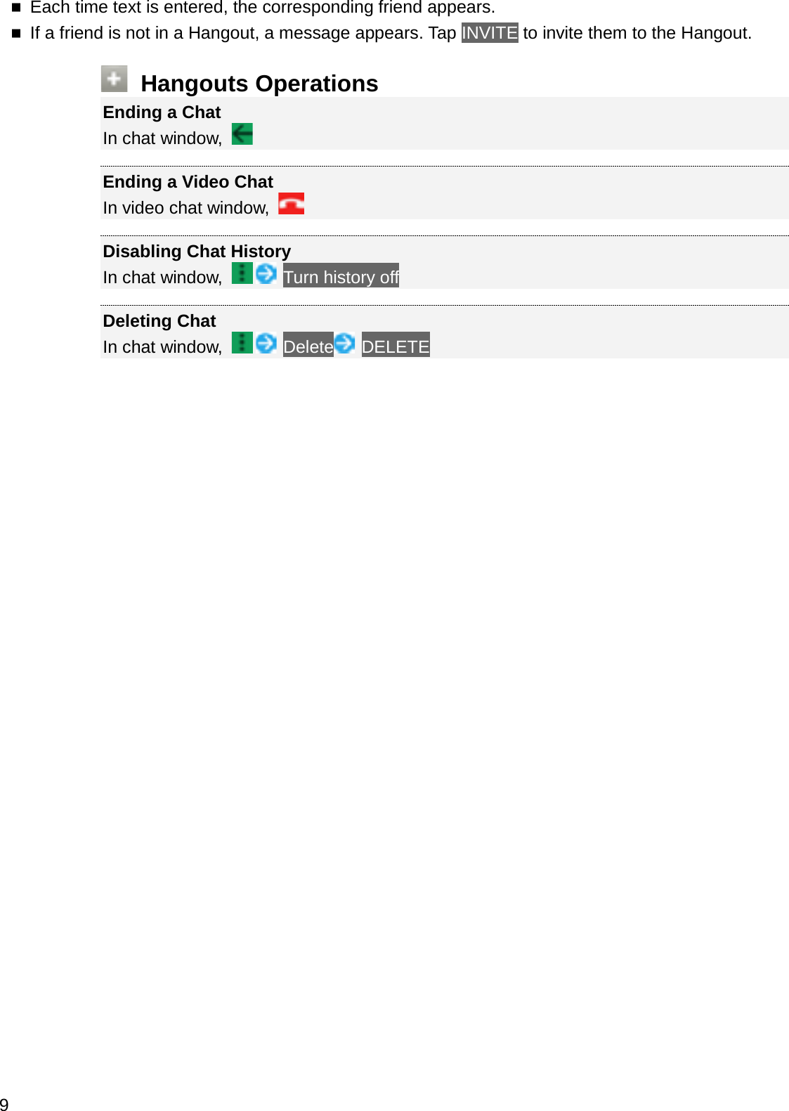 Each time text is entered, the corresponding friend appears.If a friend is not in a Hangout, a message appears. Tap INVITE to invite them to the Hangout.Hangouts OperationsEnding a ChatIn chat window, Ending a Video ChatIn video chat window, Disabling Chat HistoryIn chat window,  Turn history offDeleting ChatIn chat window,  Delete DELETE9