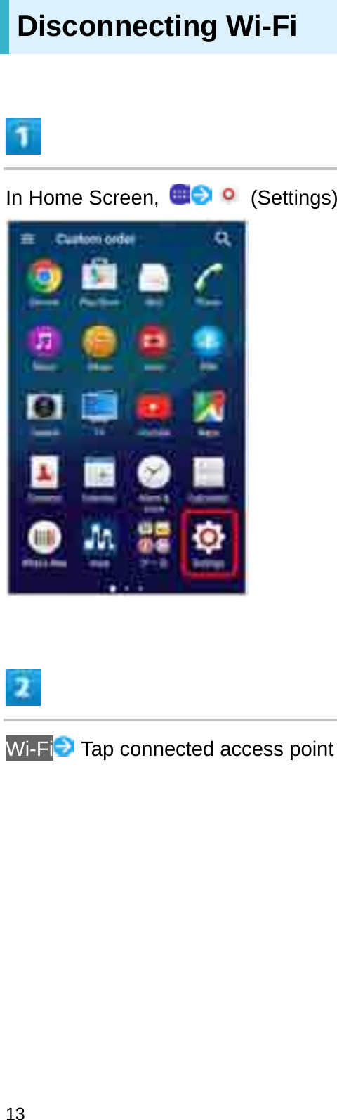 Disconnecting Wi-FiIn Home Screen,  (Settings)Wi-Fi Tap connected access point13