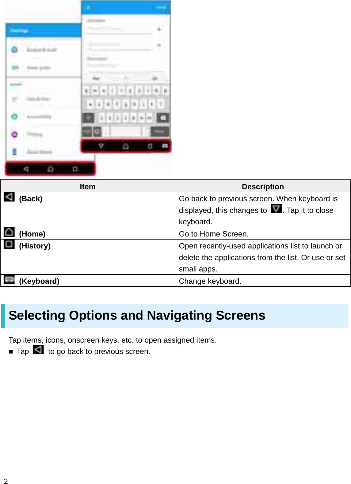 Item Description(Back) Go back to previous screen. When keyboard is displayed, this changes to  . Tap it to close keyboard.(Home) Go to Home Screen.(History) Open recently-used applications list to launch or delete the applications from the list. Or use or set small apps.(Keyboard) Change keyboard.Selecting Options and Navigating ScreensTap items, icons, onscreen keys, etc. to open assigned items.Tap  to go back to previous screen.2