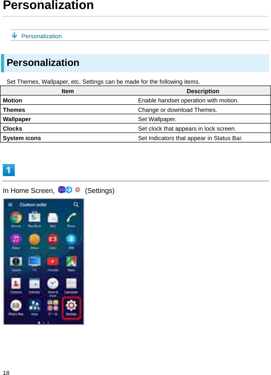 PersonalizationÐPersonalizationPersonalizationSet Themes, Wallpaper, etc. Settings can be made for the following items.Item DescriptionMotion Enable handset operation with motion.Themes Change or download Themes.Wallpaper Set Wallpaper.Clocks Set clock that appears in lock screen.System icons Set Indicators that appear in Status Bar.In Home Screen,  (Settings)18