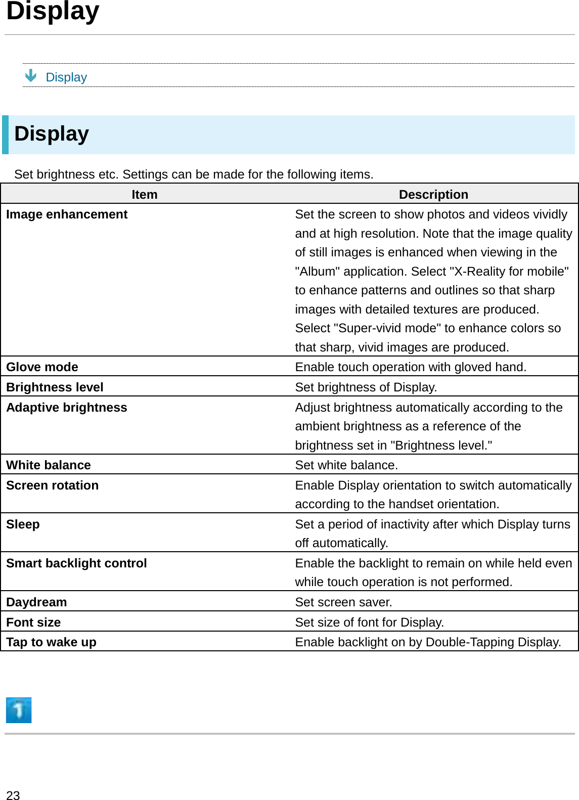 DisplayÐDisplayDisplaySet brightness etc. Settings can be made for the following items.Item DescriptionImage enhancement Set the screen to show photos and videos vividly and at high resolution. Note that the image quality of still images is enhanced when viewing in the &quot;Album&quot; application. Select &quot;X-Reality for mobile&quot; to enhance patterns and outlines so that sharp images with detailed textures are produced. Select &quot;Super-vivid mode&quot; to enhance colors so that sharp, vivid images are produced.Glove mode Enable touch operation with gloved hand.Brightness level Set brightness of Display.Adaptive brightness Adjust brightness automatically according to the ambient brightness as a reference of the brightness set in &quot;Brightness level.&quot;White balance Set white balance.Screen rotation Enable Display orientation to switch automatically according to the handset orientation.Sleep Set a period of inactivity after which Display turns off automatically.Smart backlight control Enable the backlight to remain on while held even while touch operation is not performed.Daydream Set screen saver.Font size Set size of font for Display.Tap to wake up Enable backlight on by Double-Tapping Display.23