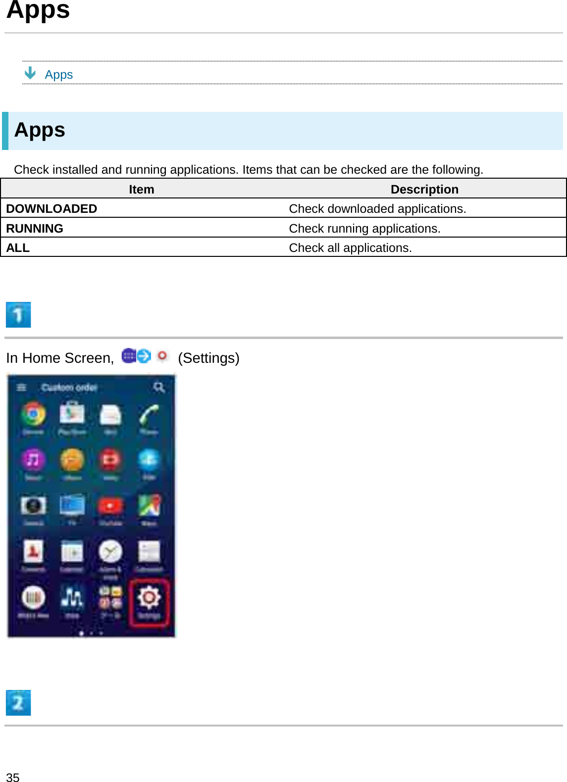 AppsÐAppsAppsCheck installed and running applications. Items that can be checked are the following.Item DescriptionDOWNLOADED Check downloaded applications.RUNNING Check running applications.ALL Check all applications.In Home Screen,  (Settings)35