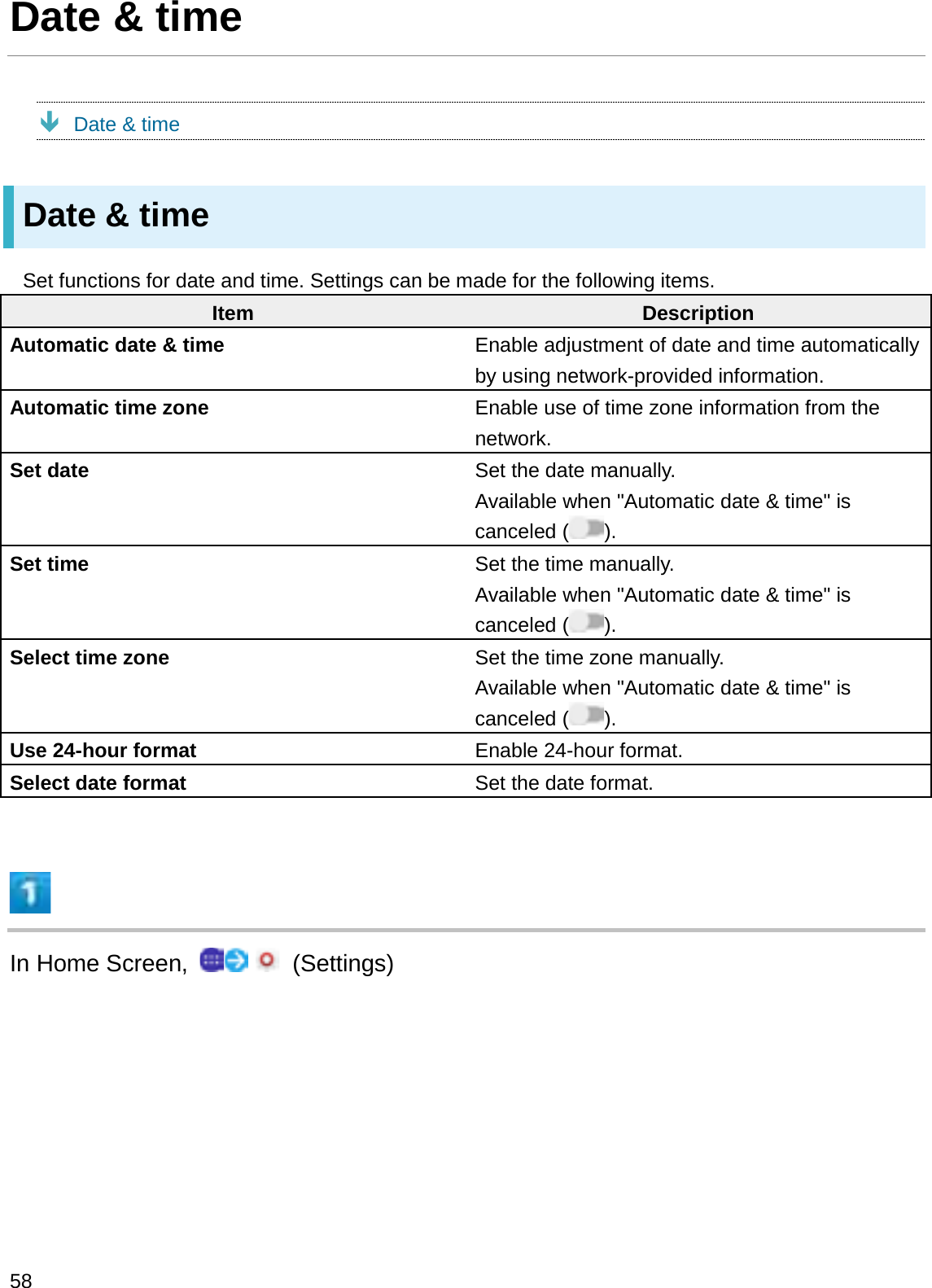 Date &amp; timeÐDate &amp; timeDate &amp; timeSet functions for date and time. Settings can be made for the following items.Item DescriptionAutomatic date &amp; time Enable adjustment of date and time automatically by using network-provided information.Automatic time zone Enable use of time zone information from the network.Set date Set the date manually. Available when &quot;Automatic date &amp; time&quot; is canceled ( ).Set time Set the time manually. Available when &quot;Automatic date &amp; time&quot; is canceled ( ).Select time zone Set the time zone manually. Available when &quot;Automatic date &amp; time&quot; is canceled ( ).Use 24-hour format Enable 24-hour format.Select date format Set the date format.In Home Screen,  (Settings)58