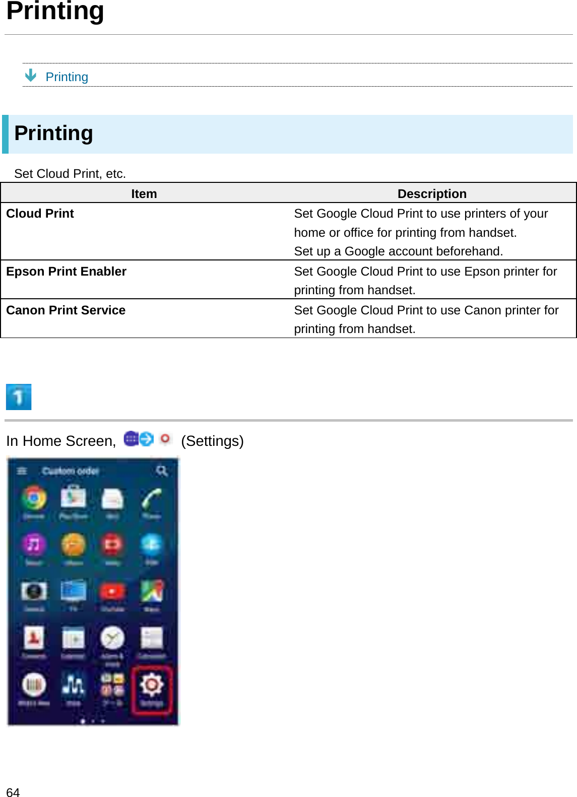 PrintingÐPrintingPrintingSet Cloud Print, etc.Item DescriptionCloud Print Set Google Cloud Print to use printers of yourhome or office for printing from handset.Set up a Google account beforehand.Epson Print Enabler Set Google Cloud Print to use Epson printer for printing from handset.Canon Print Service Set Google Cloud Print to use Canon printer for printing from handset.In Home Screen,  (Settings)64