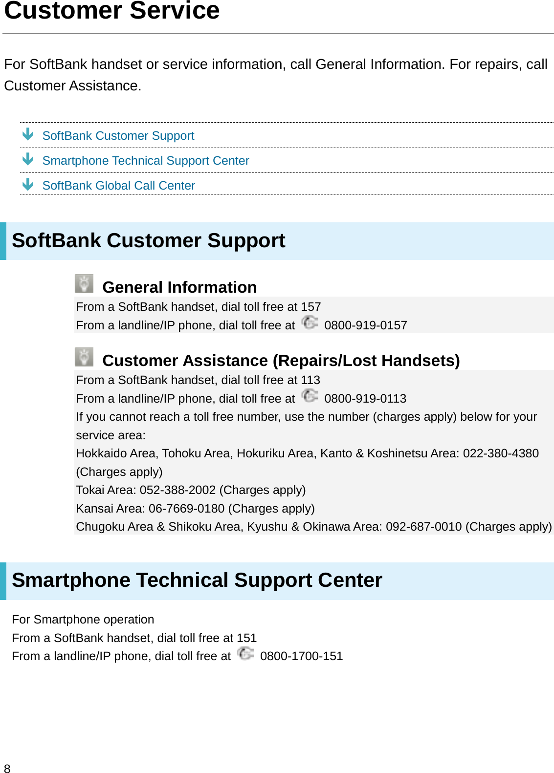 Customer ServiceFor SoftBank handset or service information, call General Information. For repairs, call Customer Assistance.ÐSoftBank Customer SupportÐSmartphone Technical Support CenterÐSoftBank Global Call CenterSoftBank Customer SupportGeneral InformationFrom a SoftBank handset, dial toll free at 157From a landline/IP phone, dial toll free at  0800-919-0157Customer Assistance (Repairs/Lost Handsets)From a SoftBank handset, dial toll free at 113From a landline/IP phone, dial toll free at  0800-919-0113If you cannot reach a toll free number, use the number (charges apply) below for your service area:Hokkaido Area, Tohoku Area, Hokuriku Area, Kanto &amp; Koshinetsu Area: 022-380-4380 (Charges apply)Tokai Area: 052-388-2002 (Charges apply)Kansai Area: 06-7669-0180 (Charges apply)Chugoku Area &amp; Shikoku Area, Kyushu &amp; Okinawa Area: 092-687-0010 (Charges apply)Smartphone Technical Support CenterFor Smartphone operationFrom a SoftBank handset, dial toll free at 151From a landline/IP phone, dial toll free at  0800-1700-1518