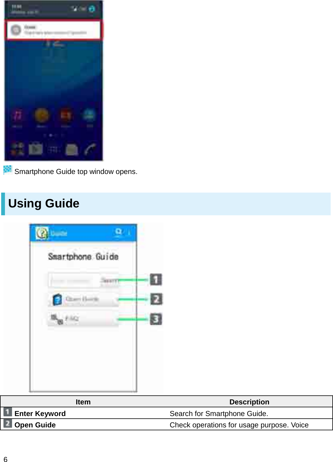Smartphone Guide top window opens.Using GuideItem DescriptionEnter Keyword Search for Smartphone Guide.Open Guide Check operations for usage purpose. Voice 6