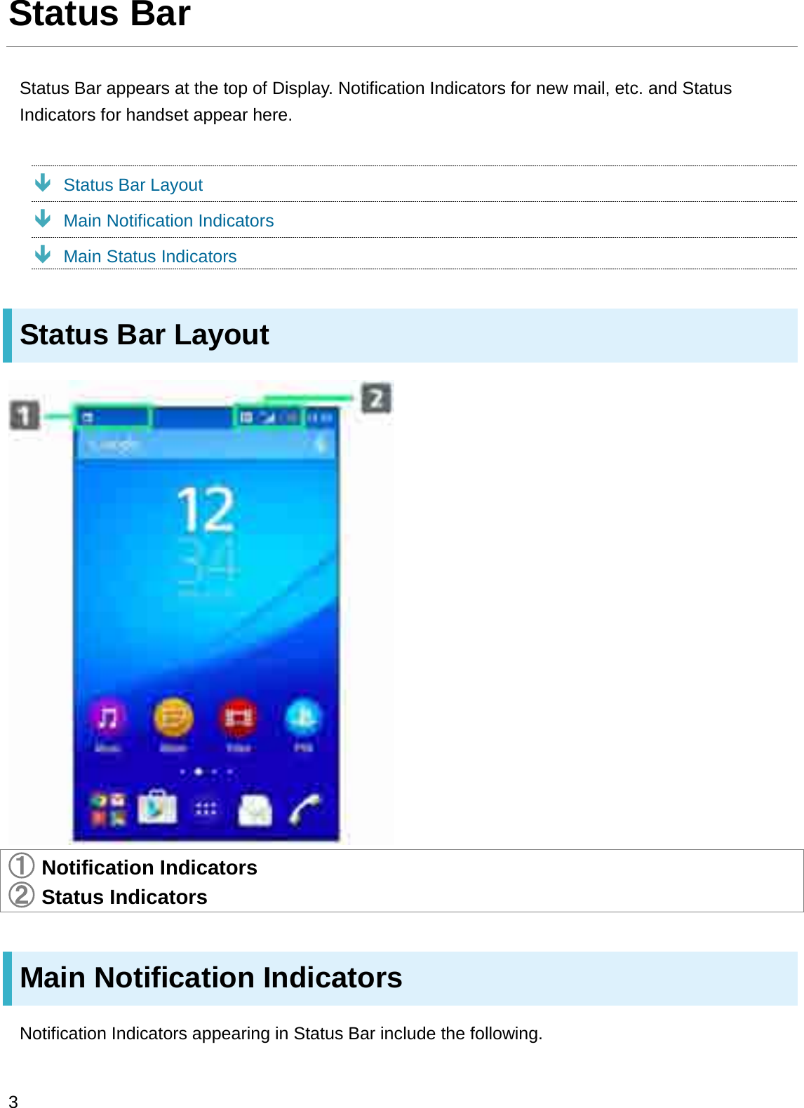 Status BarStatus Bar appears at the top of Display. Notification Indicators for new mail, etc. and Status Indicators for handset appear here.ÐStatus Bar LayoutÐMain Notification IndicatorsÐMain Status IndicatorsStatus Bar Layout䐟Notification Indicators䐠Status IndicatorsMain Notification IndicatorsNotification Indicators appearing in Status Bar include the following.3